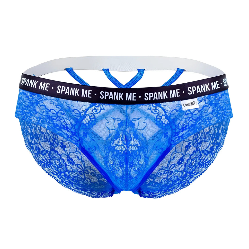 Dark blue candyman 99615x spank me lace briefs with white elastic waistband and black trim detailing