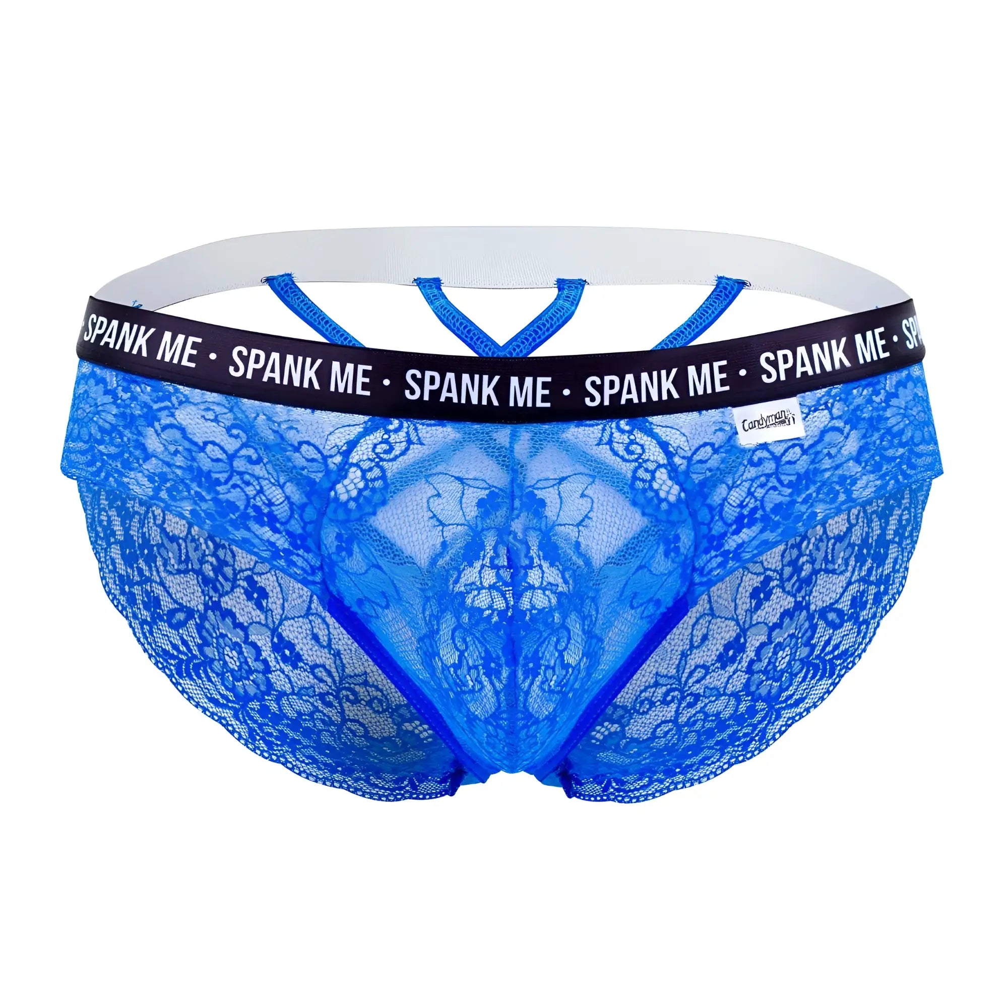 Dark blue candyman 99615x spank me lace briefs with white elastic waistband and black trim detailing