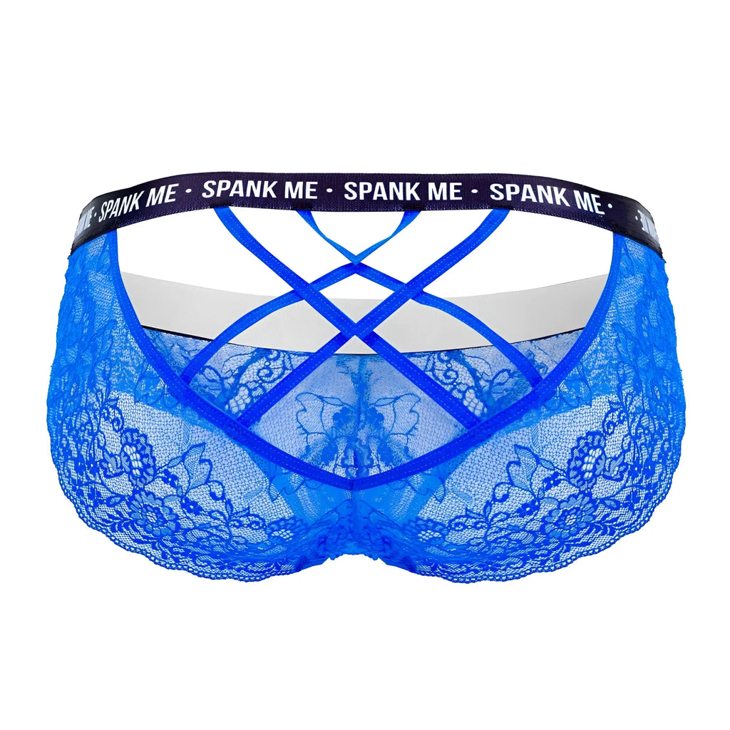 Dark blue candyman 99615x spank me lace briefs with crisscross back and black waistband logo shown from the back
