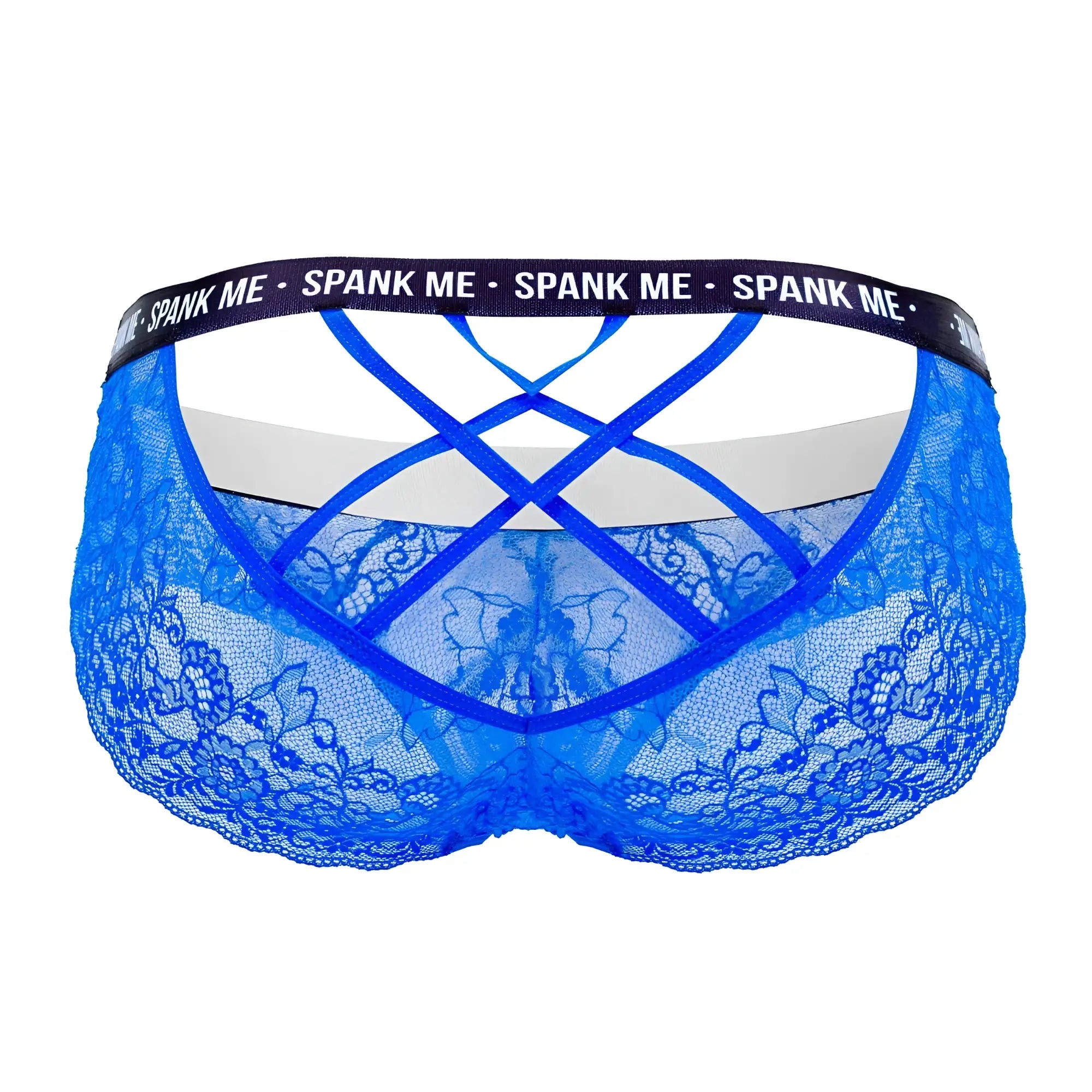 Dark blue candyman 99615x spank me lace briefs with crisscross back and black waistband logo shown from the back