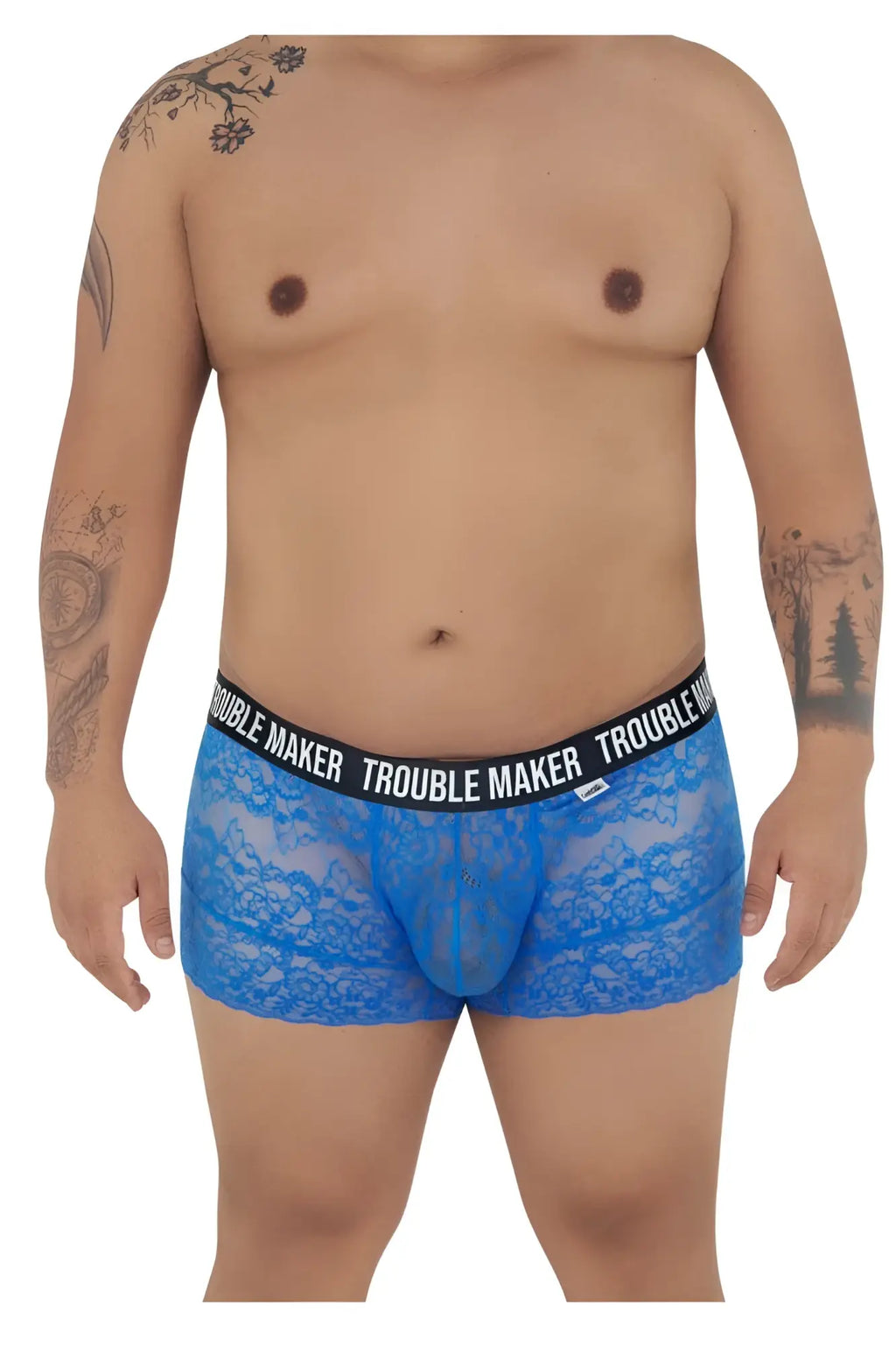 Blue lace boxer briefs with black elastic waistband branded trouble maker in dark blue candyMan 99616X trunks
