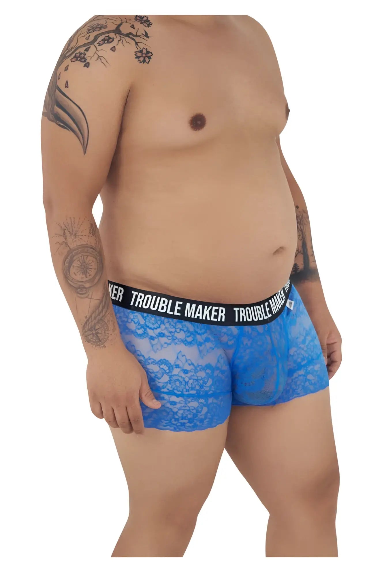 Dark blue candyman 99616x trouble maker lace trunks with black elastic waistband and lace boxer briefs design