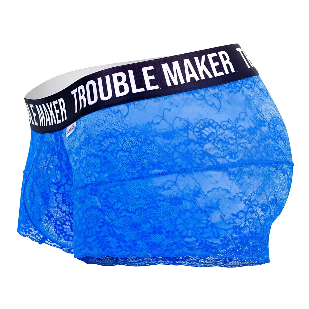 Dark blue candyman 99616x trouble maker lace boxer briefs with black waistband and white lettering front view
