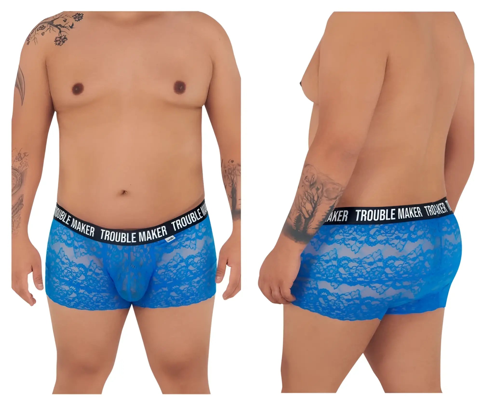 Bright blue lace mens briefs with black elastic waistband featuring trouble maker brand name in white lettering