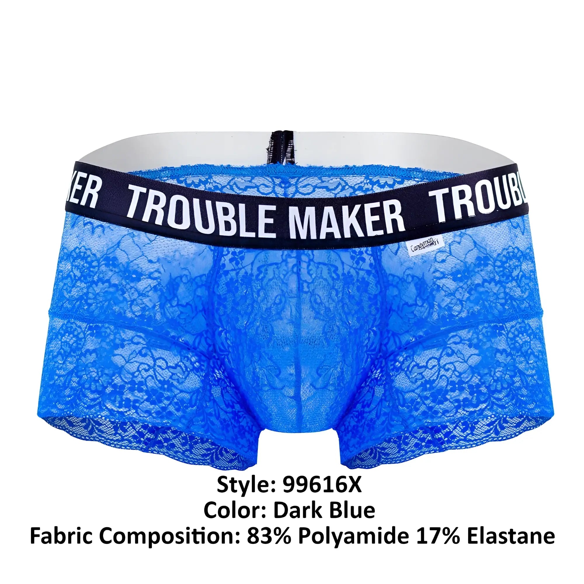 Blue lace men’s underwear with black waistband featuring white trouble maker lettering candyMan 99616X trunks