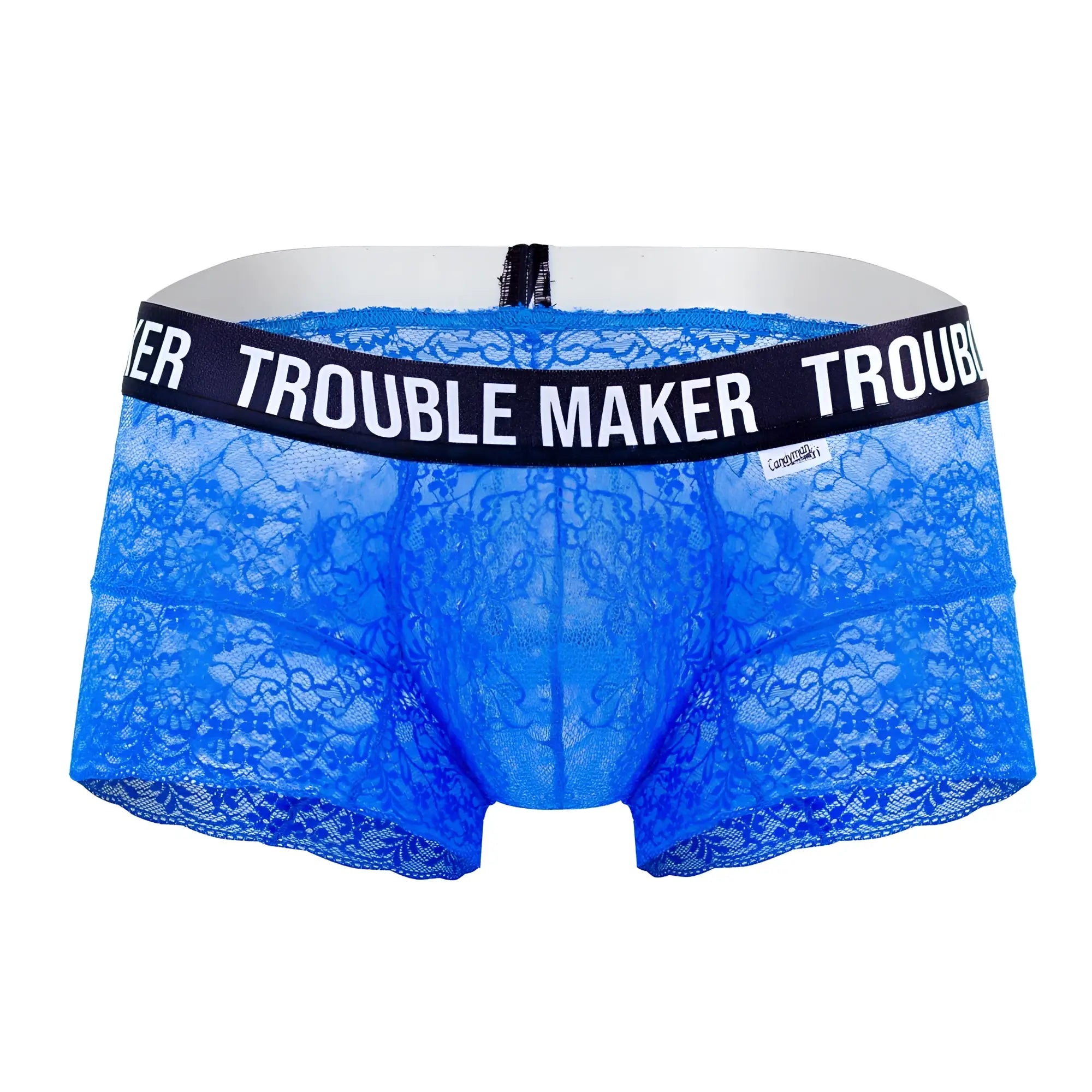 CandyMan 99616X trouble maker lace trunks in dark blue with black waistband and white text for men
