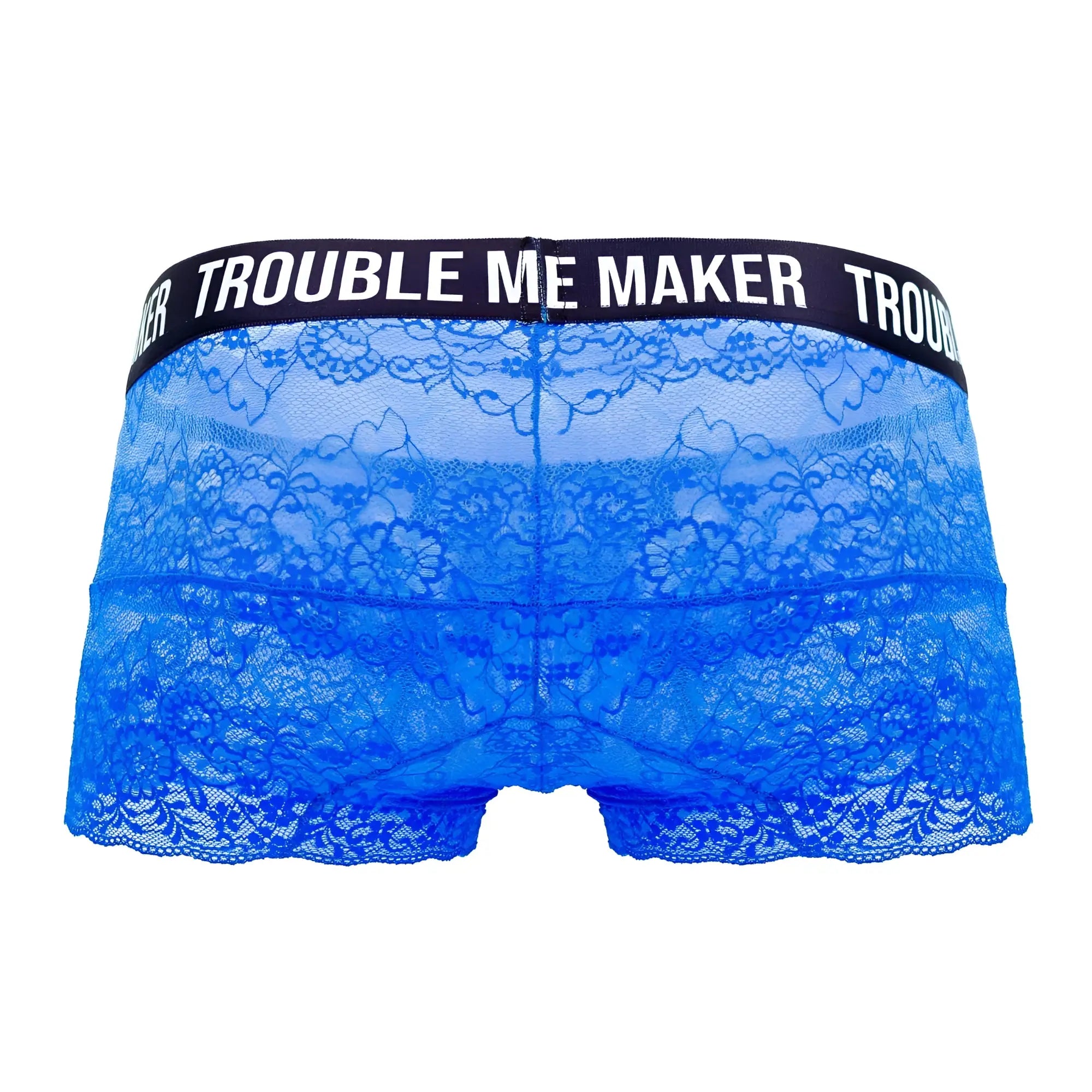 Blue lace underwear trunks with black waistband saying trouble me maker by candyman in dark blue