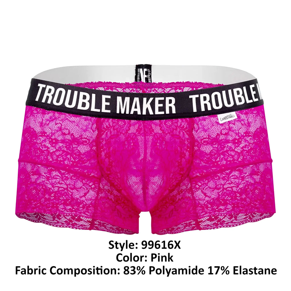 Bright pink CandyMan 99616X Trouble Maker lace trunks for men with black waistband and white logo lettering