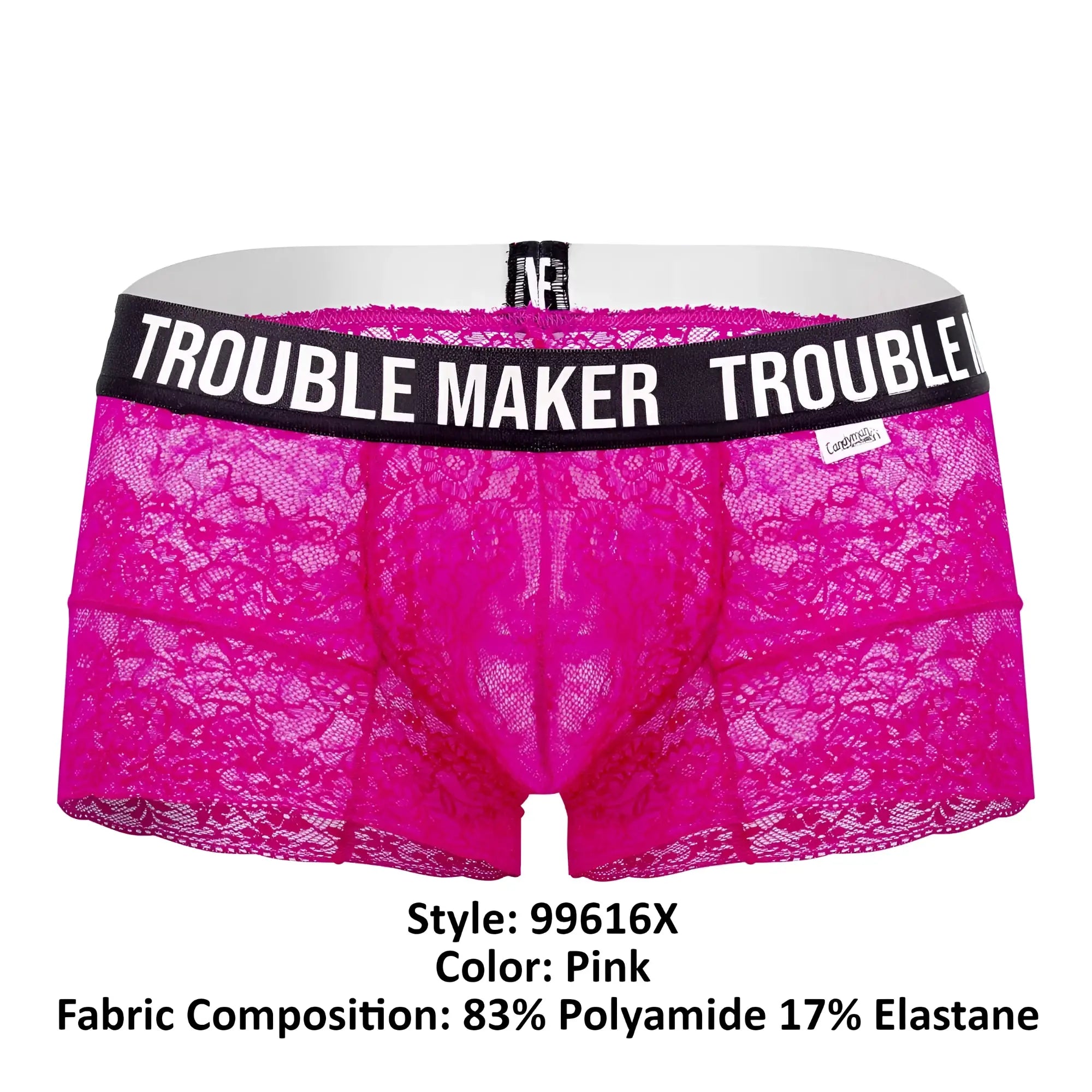 Bright pink CandyMan 99616X Trouble Maker lace trunks for men with black waistband and white logo lettering