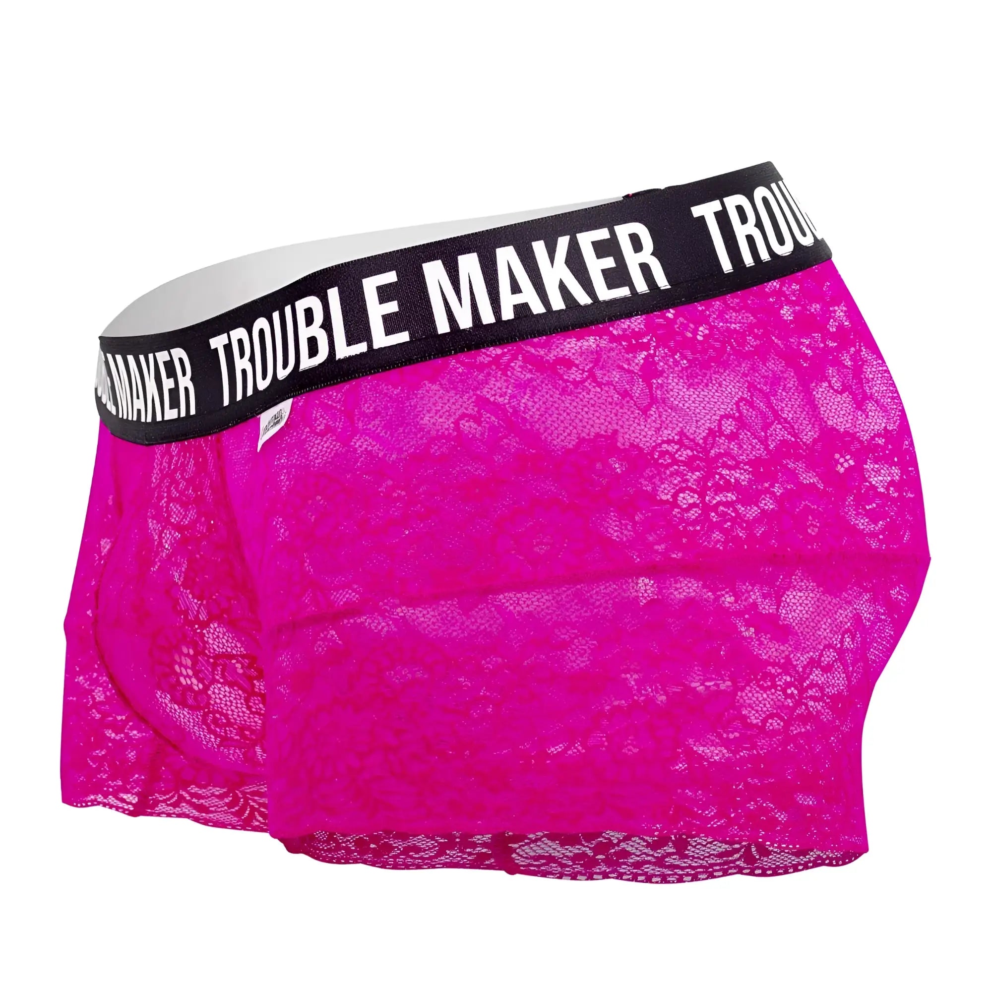 Fuchisia lace boxer briefs with a black waistband featuring white trouble maker lettering candyMan 99616X pink trunks