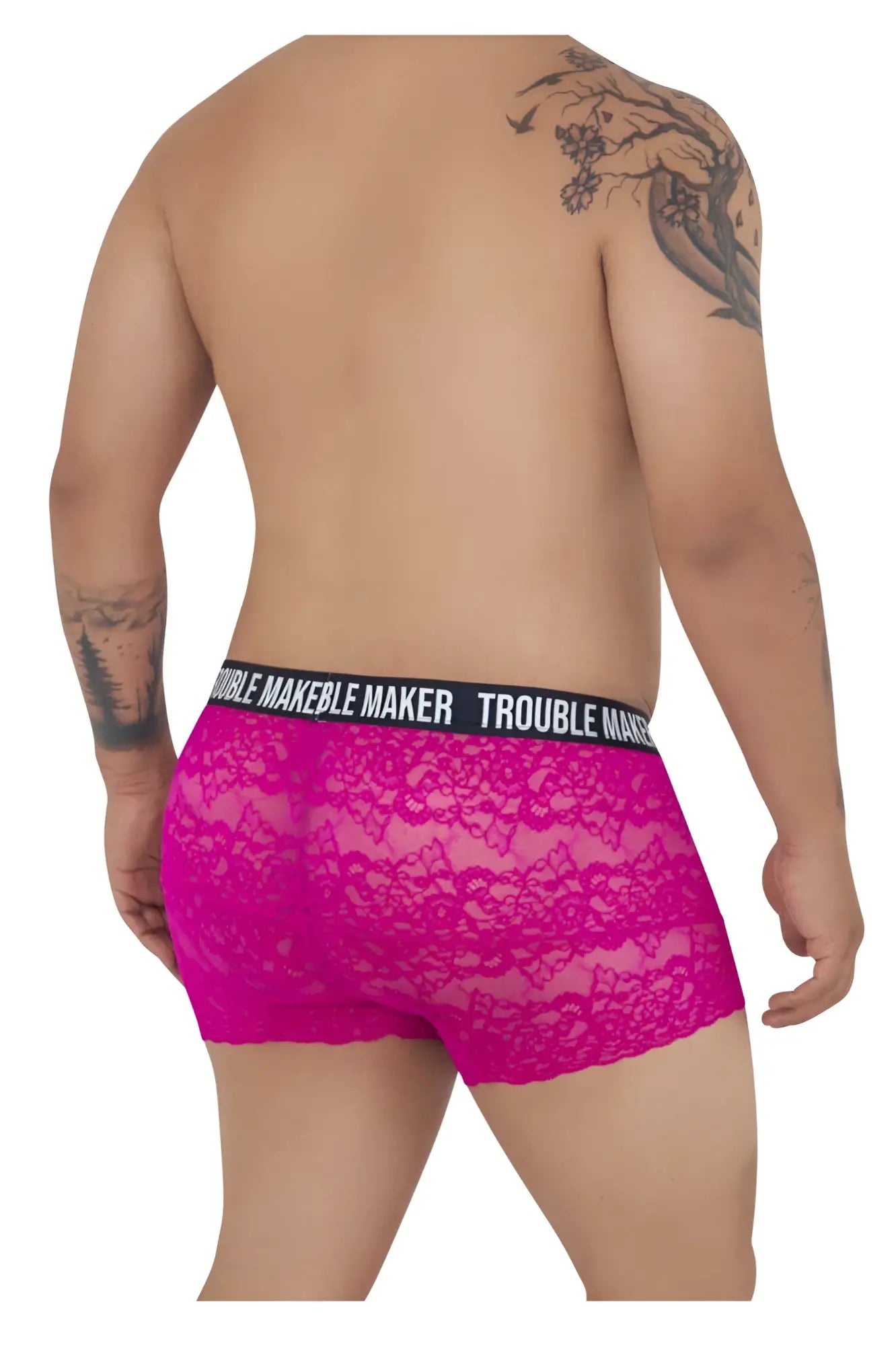 Fuchsia lace boxer briefs with a black waistband featuring trouble maker brand name in white lettering candy man 99616x pink