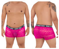 Fuchsia lace boxer briefs with black elastic waistband featuring trouble maker branding from candyman 99616x pink trunks