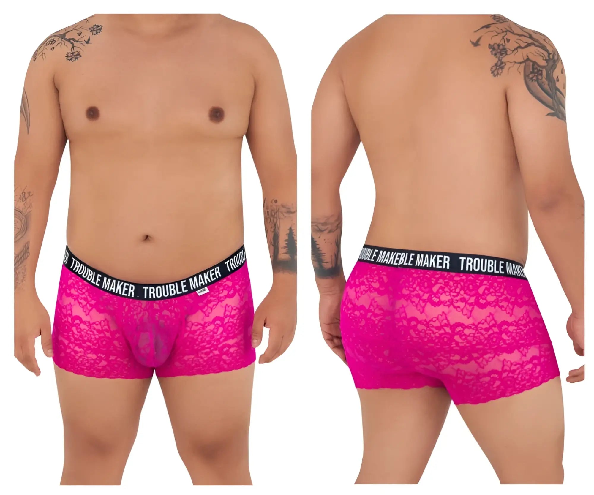 Fuchsia lace boxer briefs with black elastic waistband featuring trouble maker branding from candyman 99616x pink trunks