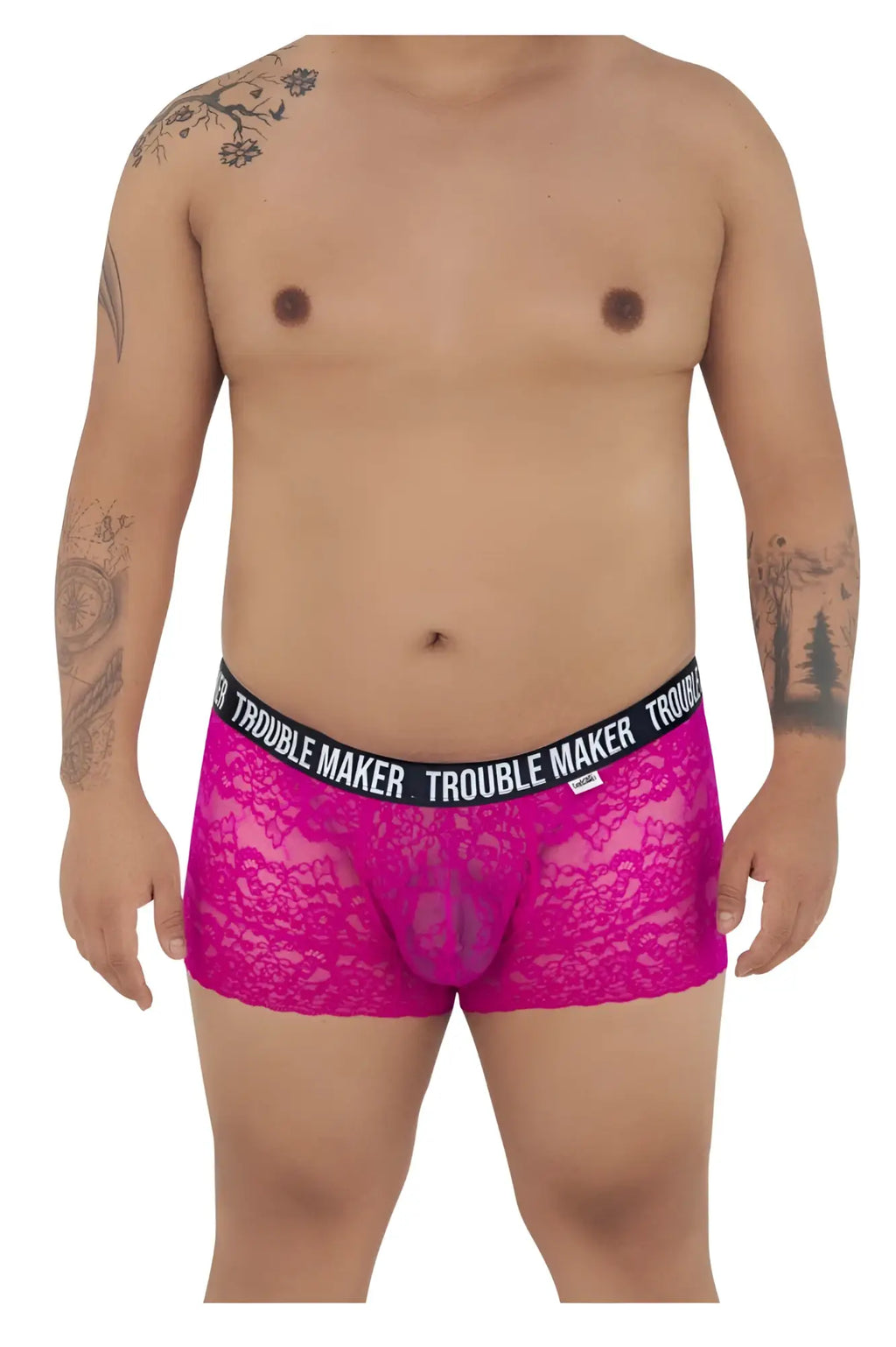 Fuchsia lace boxer briefs with black elastic waistband featuring trouble maker branding candyMan 99616X trunks pink