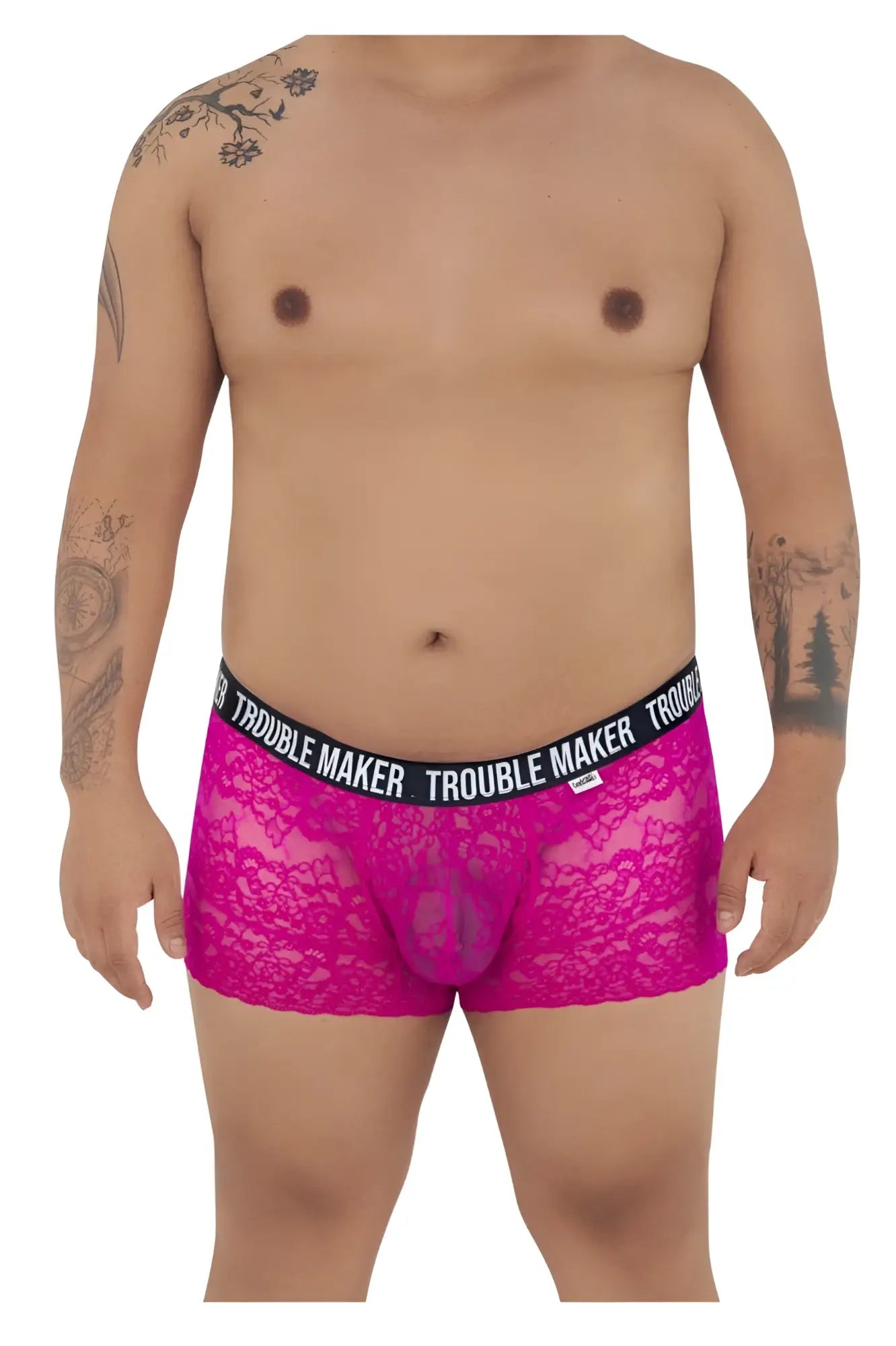 Fuchsia lace boxer briefs with black elastic waistband featuring trouble maker branding candyMan 99616X trunks pink