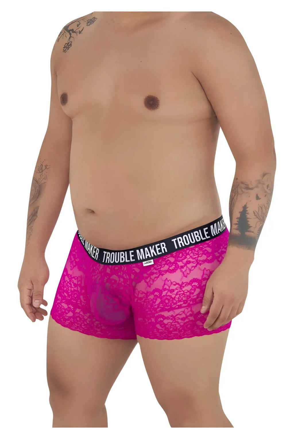 Fuschia lace boxer briefs with black elastic waistband featuring trouble maker brand name in white lettering for men