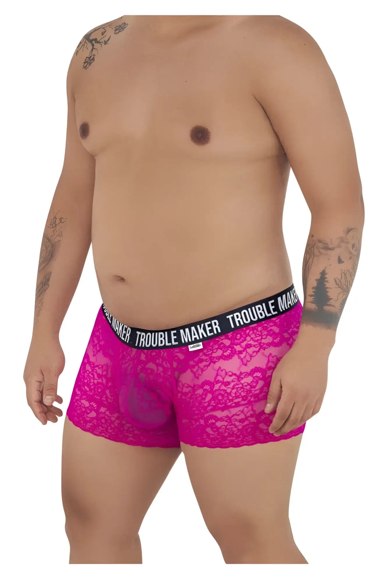 Fuschia lace boxer briefs with black elastic waistband featuring trouble maker brand name in white lettering for men