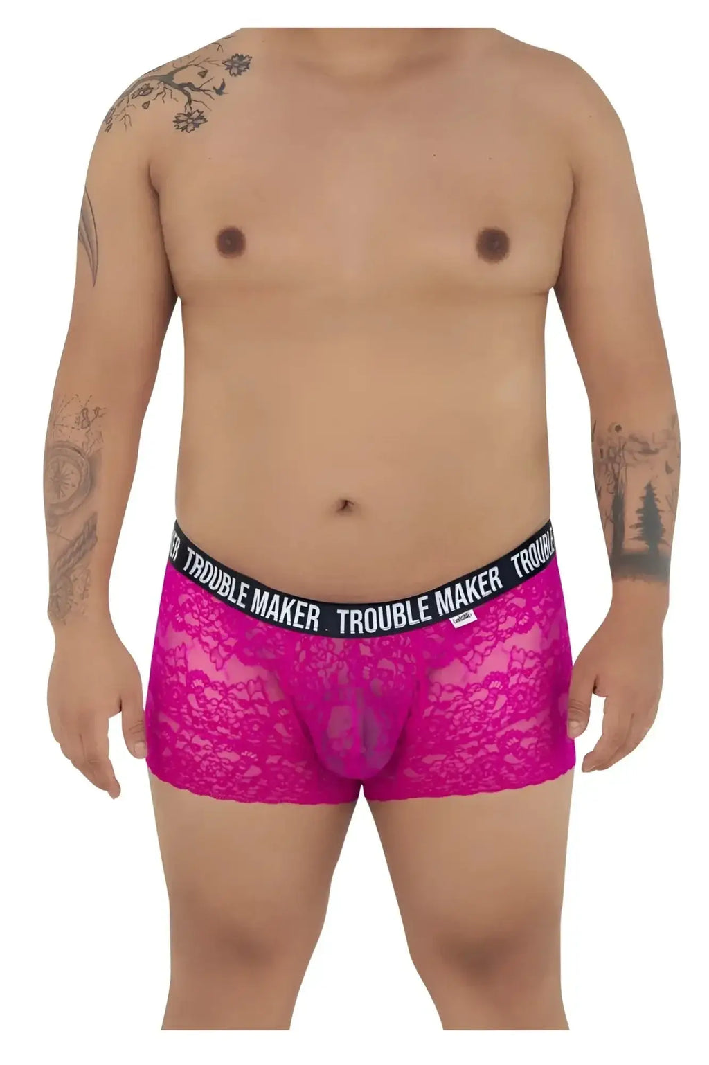 Fuchsia lace boxer briefs with black elastic waistband featuring trouble maker branding candyMan 99616X trunks pink