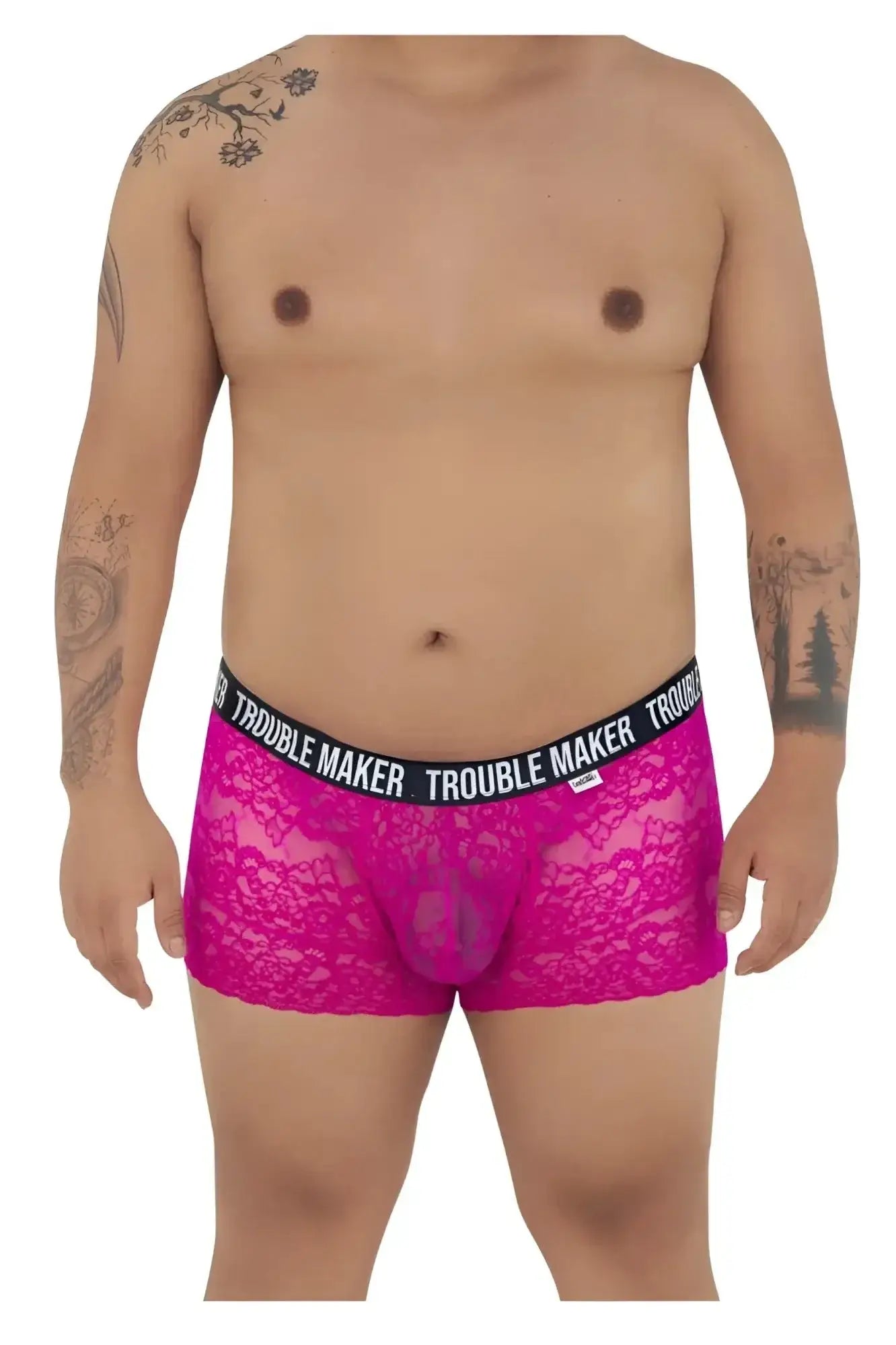 Fuchsia lace boxer briefs with black elastic waistband featuring trouble maker branding candyMan 99616X trunks pink