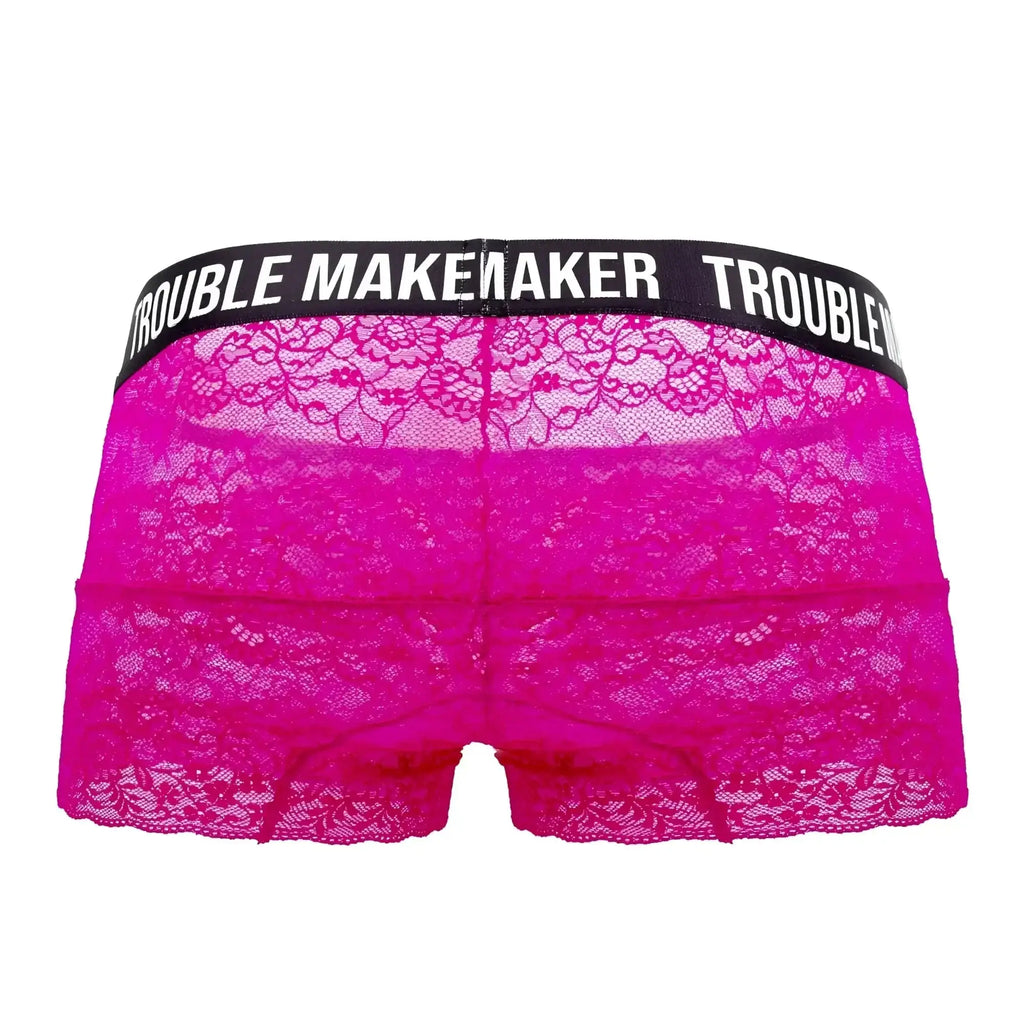 CandyMan 99616X trouble maker lace trunks in vibrant fuchsia with black waistband and white logo lettering