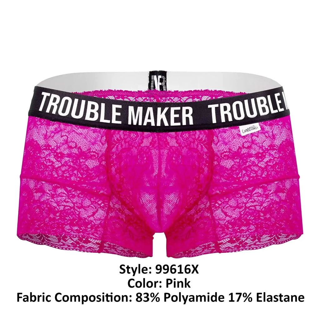 Bright pink CandyMan 99616X Trouble Maker lace trunks for men with black waistband and white logo lettering