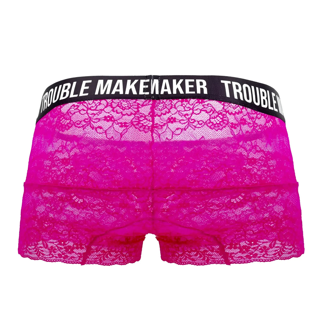 CandyMan 99616X trouble maker lace trunks in vibrant fuchsia with black waistband and white logo lettering