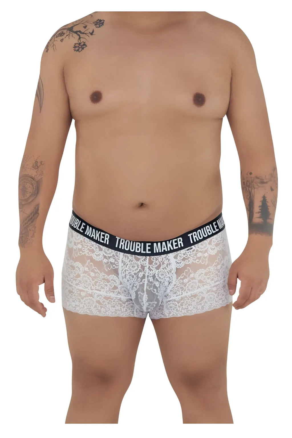 White lace boxer briefs with black elastic waistband featuring trouble maker brand name by candyman model 99616x