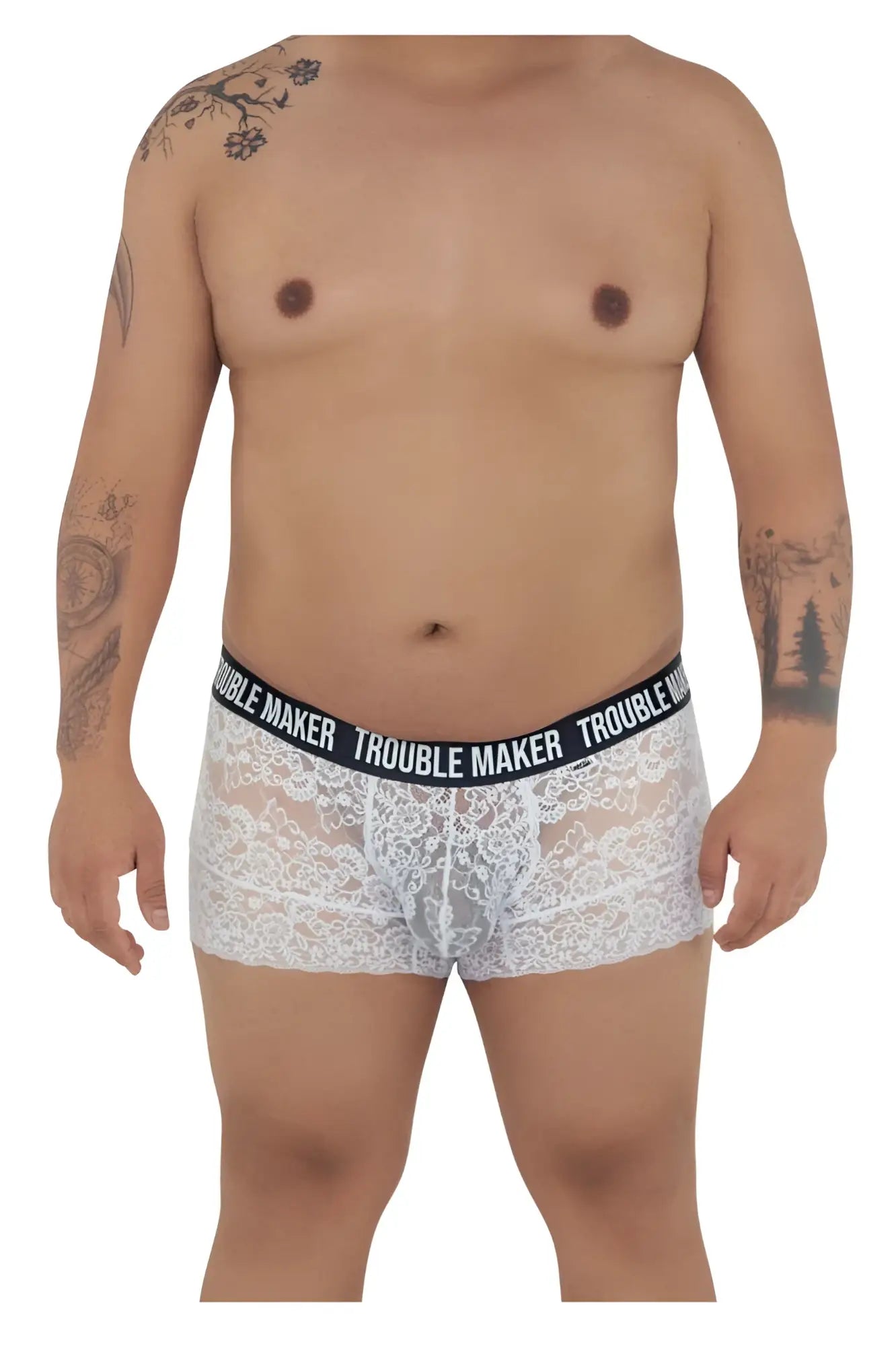 White lace boxer briefs with black elastic waistband featuring trouble maker brand name by candyman model 99616x