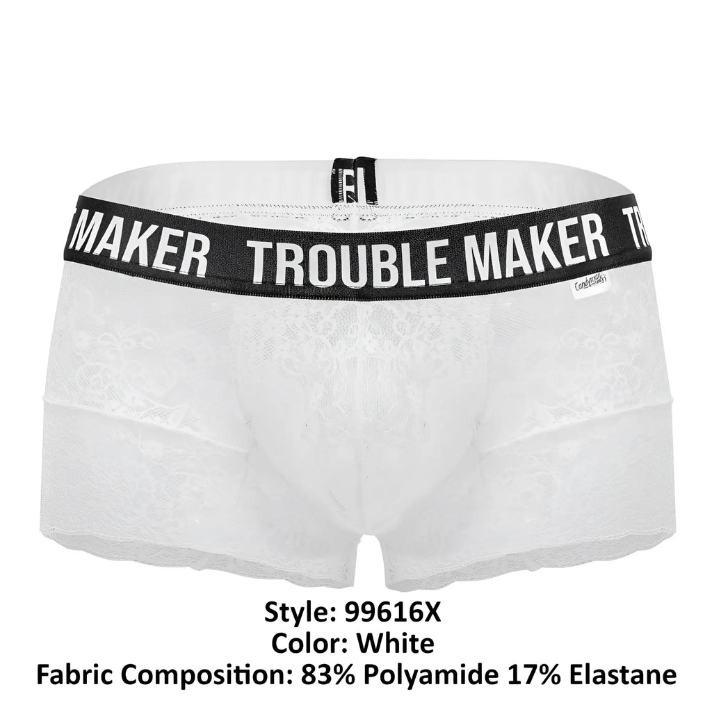 Candy man 99616x trouble maker lace trunks in white featuring white lace boxer briefs with black trouble maker waistband