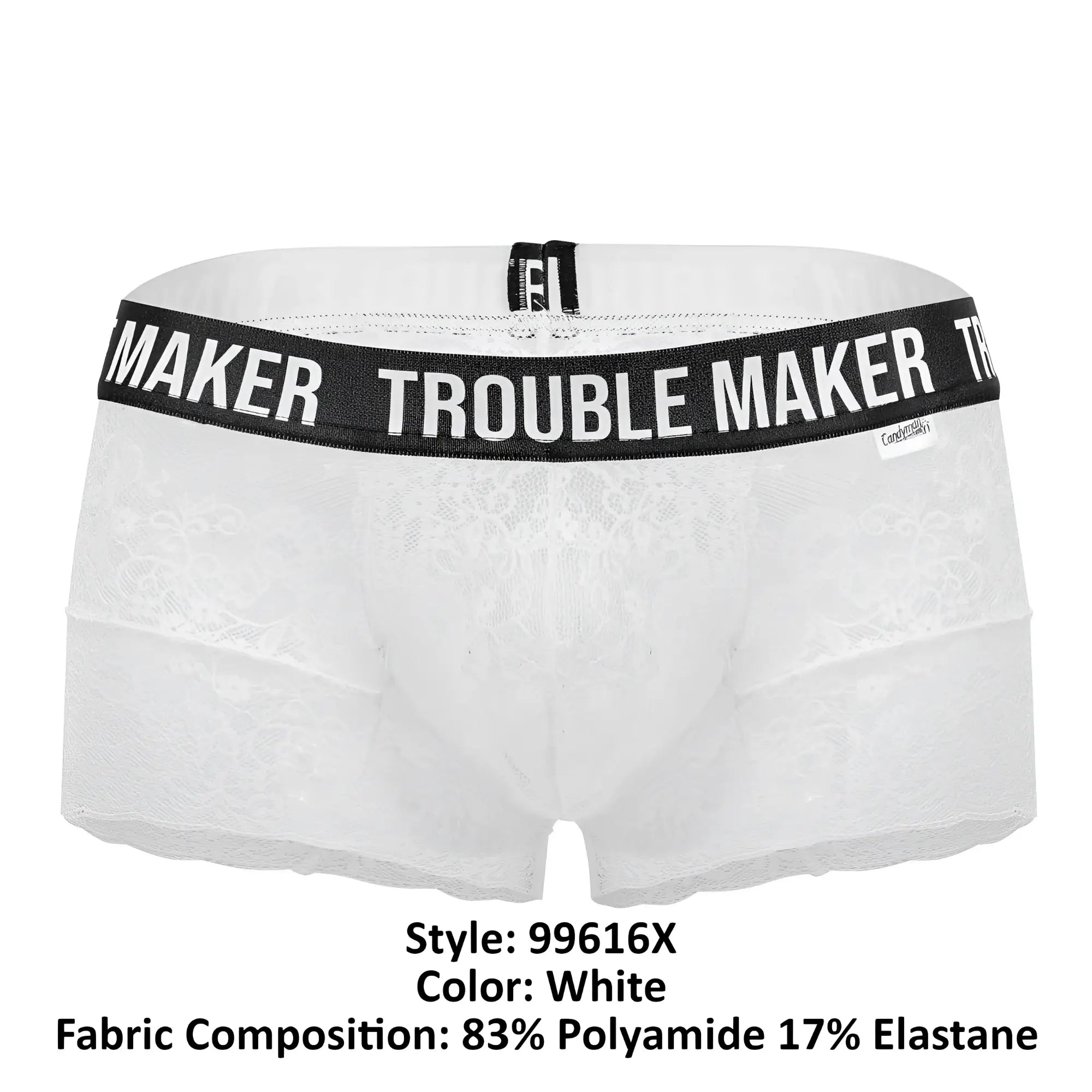 Candy man 99616x trouble maker lace trunks in white featuring white lace boxer briefs with black trouble maker waistband