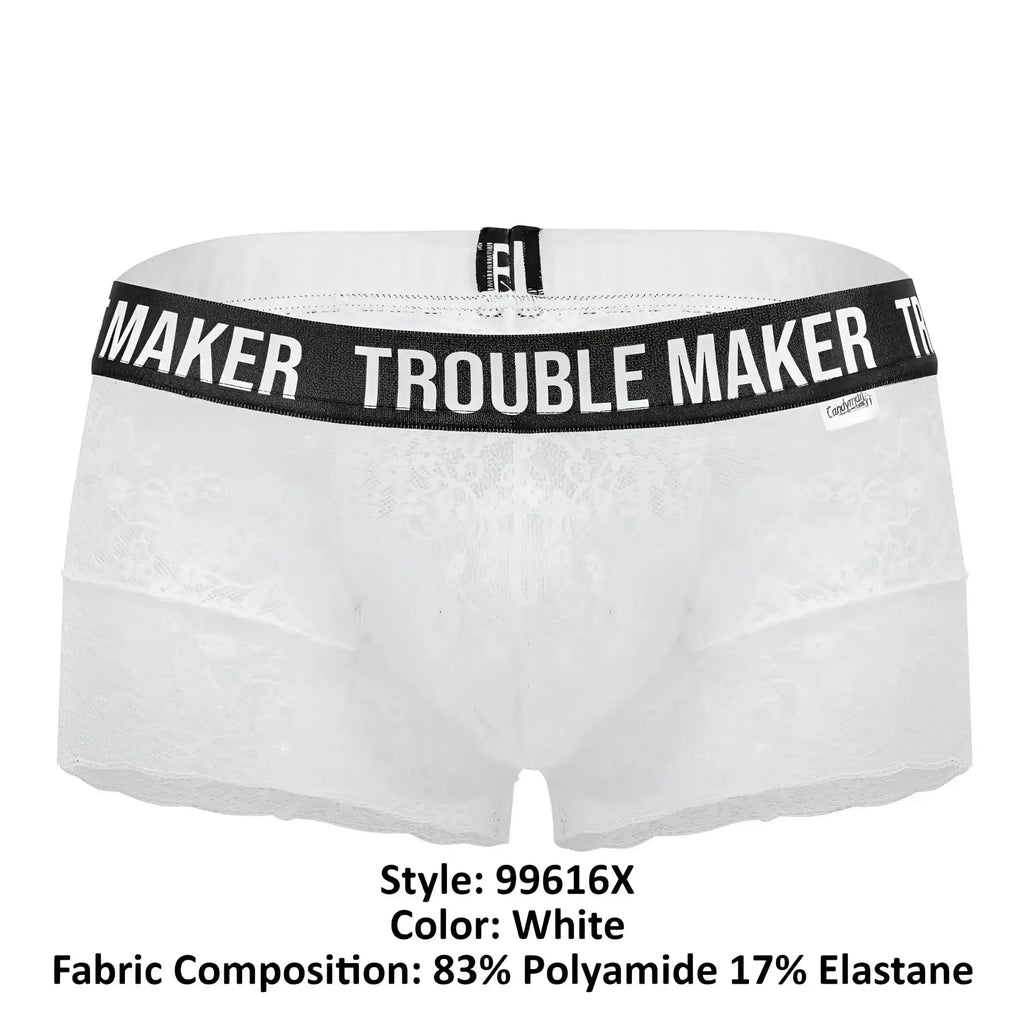 Candy man 99616x trouble maker lace trunks in white featuring white lace boxer briefs with black trouble maker waistband