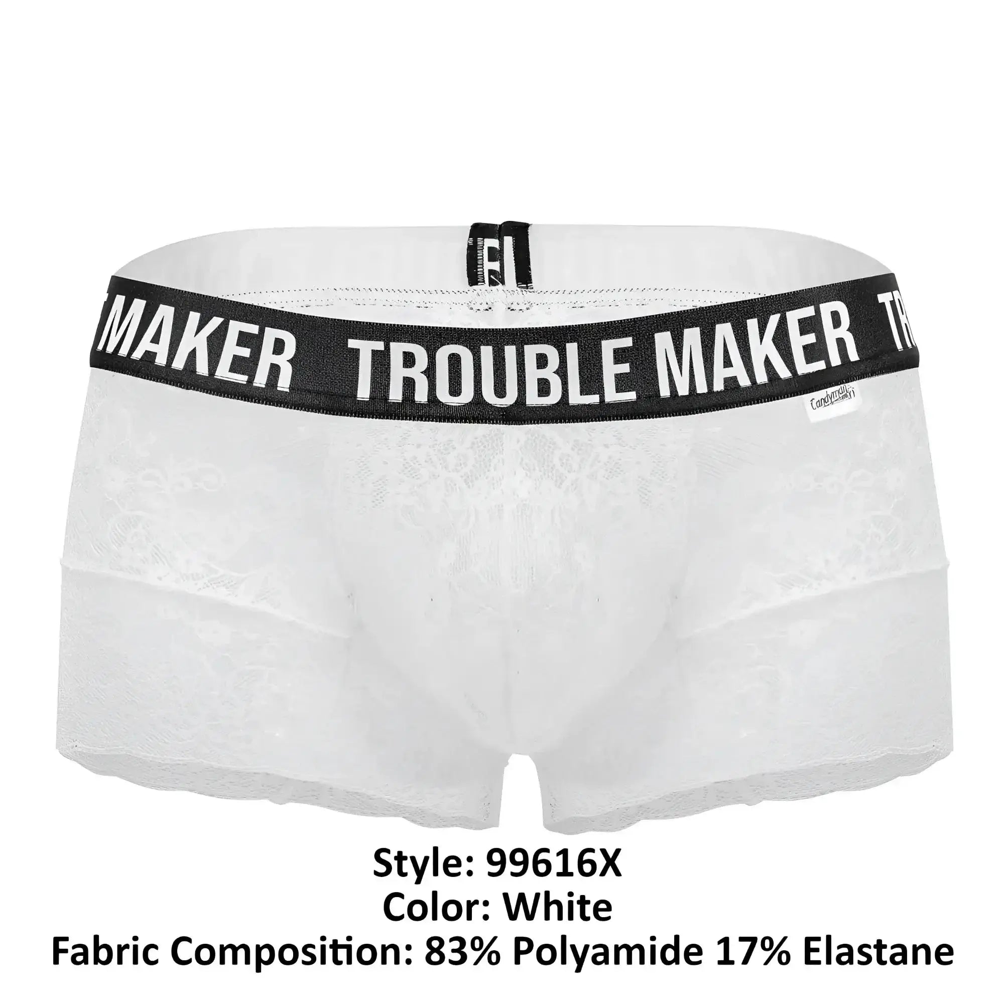 Candy man 99616x trouble maker lace trunks in white featuring white lace boxer briefs with black trouble maker waistband