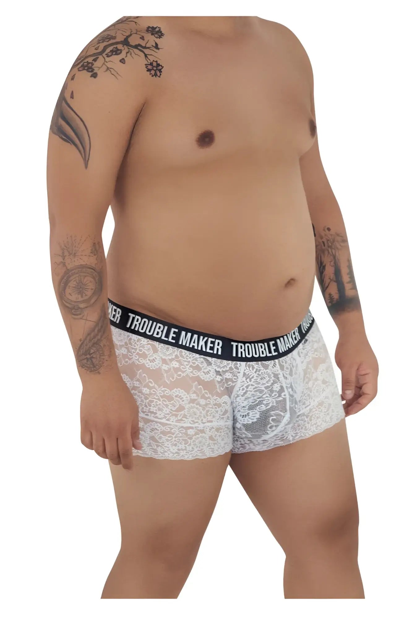 White lace boxer briefs with black elastic waistband featuring trouble maker brand name in white lettering candy man 99616x