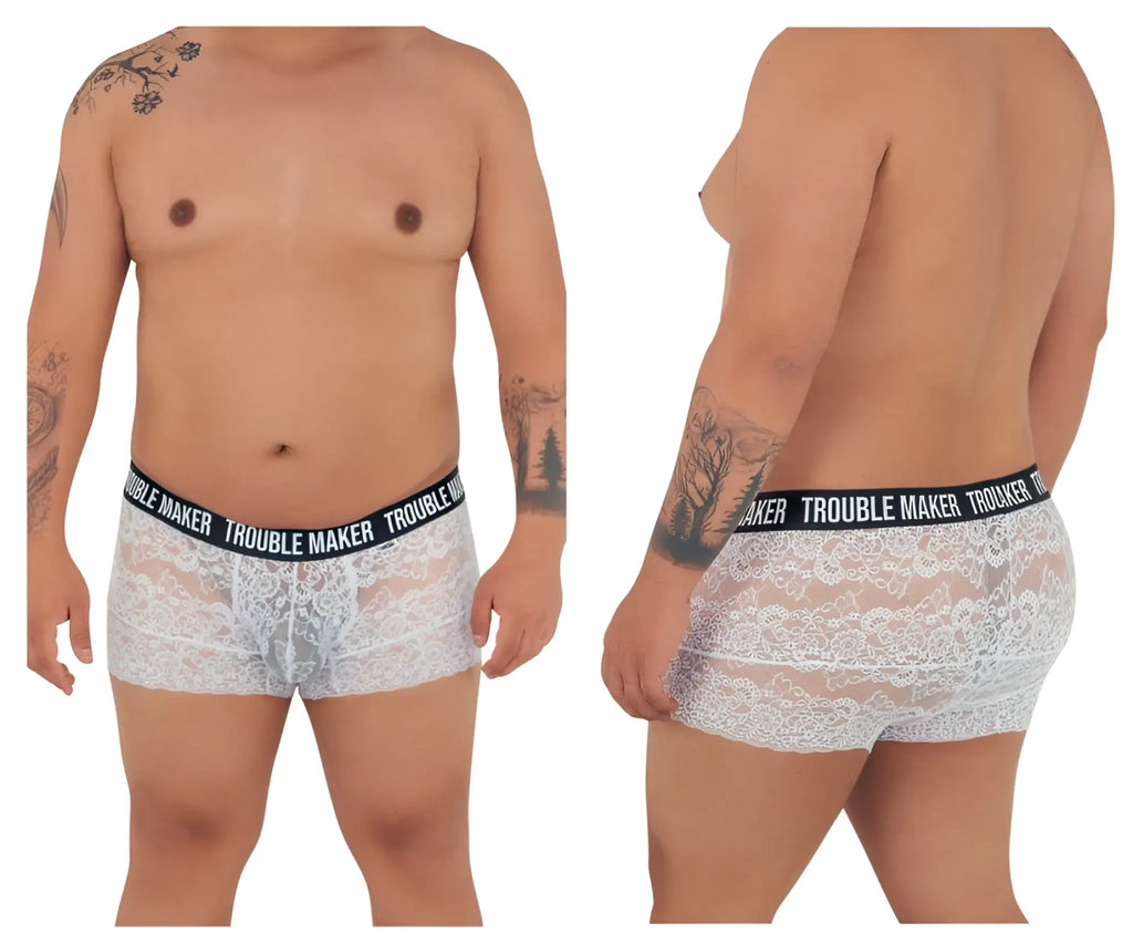 White lace boxer briefs candy man 99616x with black elastic waistband and trouble maker branding in white lettering