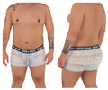 White lace boxer briefs candy man 99616x with black elastic waistband and trouble maker branding in white lettering