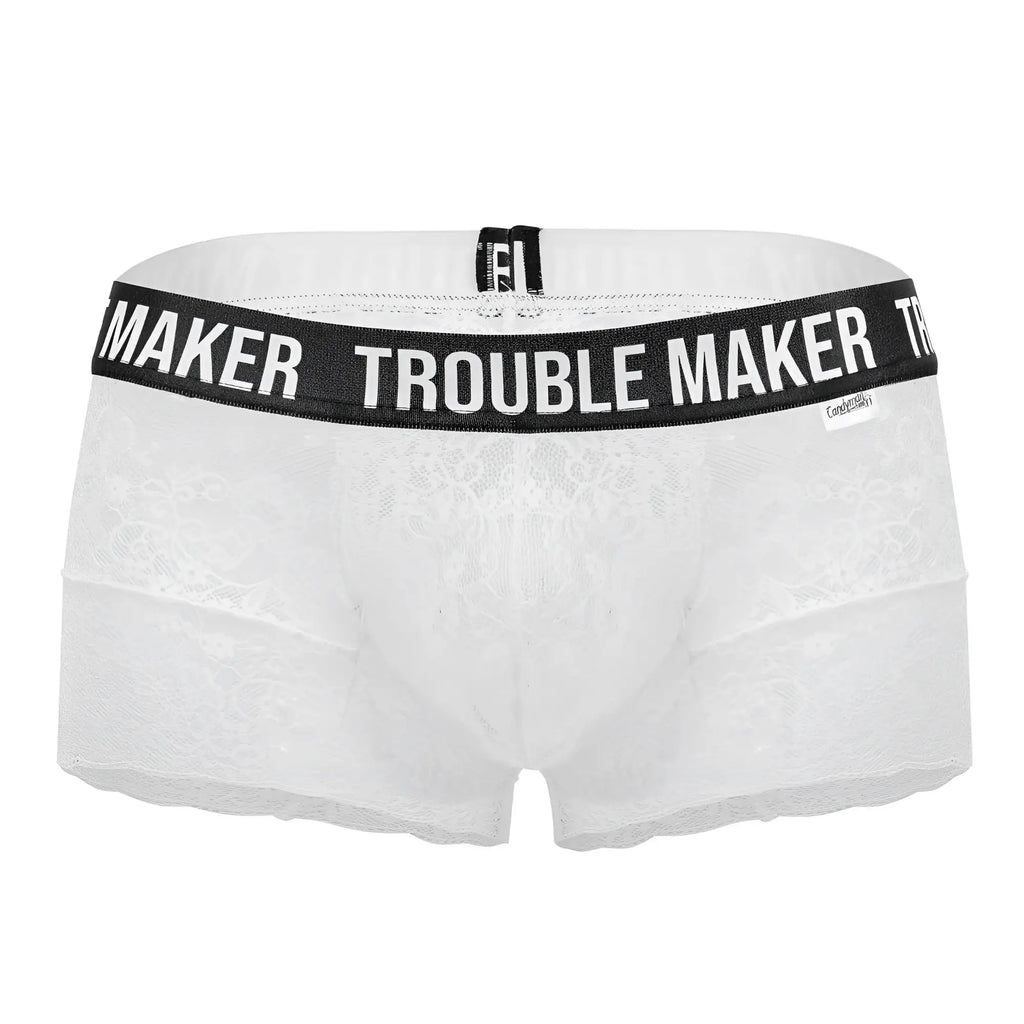 Whitelace boxer briefs with a black waistband and trouble maker text from candyman 99616x collection