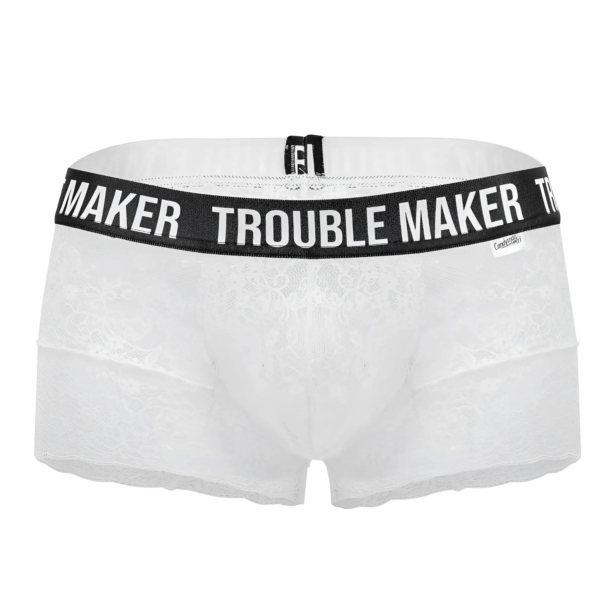Whitelace boxer briefs with a black waistband and trouble maker text from candyman 99616x collection