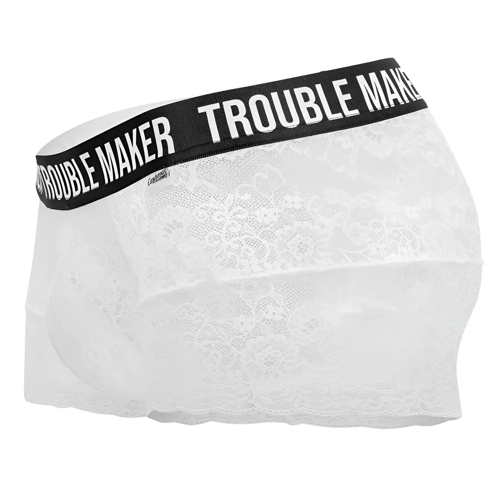 White lace candyMan 99616X trouble maker trunks with black elastic waistband and white logo lettering