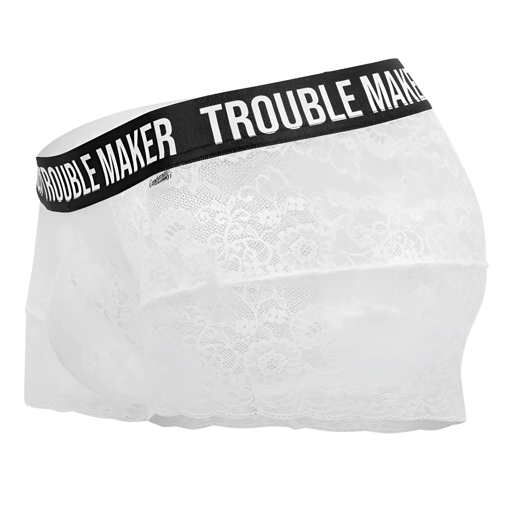 White lace candyMan 99616X trouble maker trunks with black elastic waistband and white logo lettering