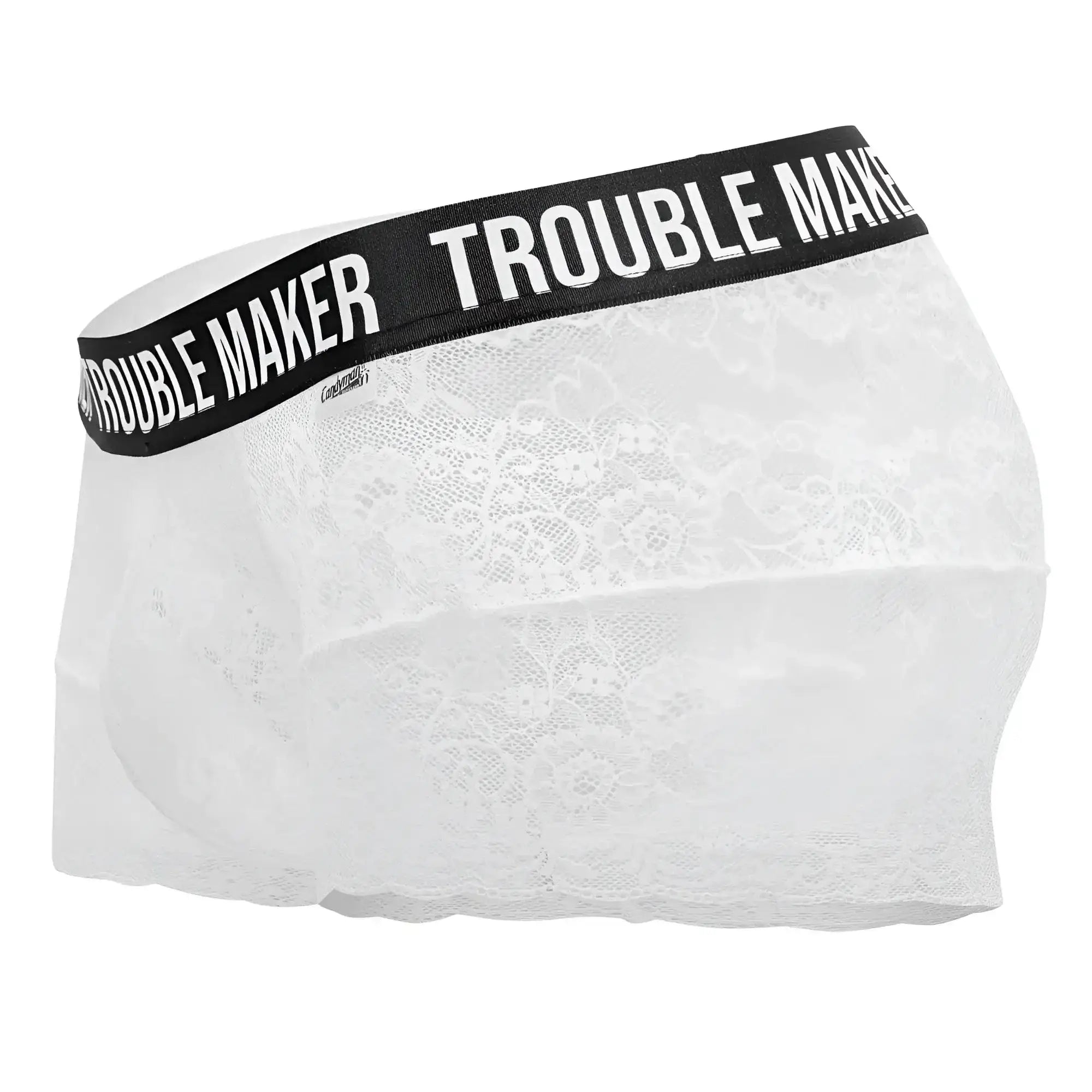 White lace candyMan 99616X trouble maker trunks with black elastic waistband and white logo lettering
