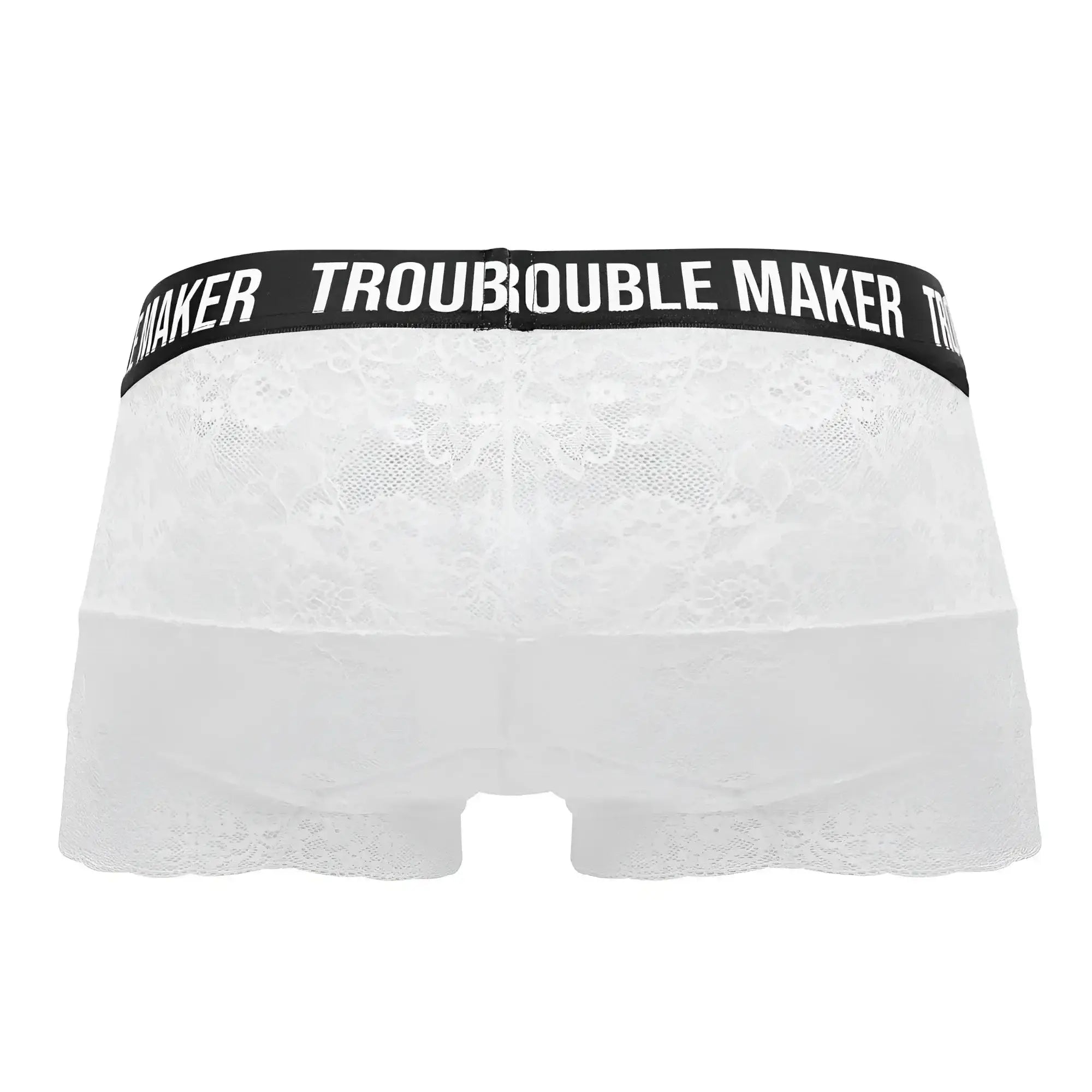White lace CandyMan 99616X trouble maker trunks with black waistband featuring troublemaker brand name