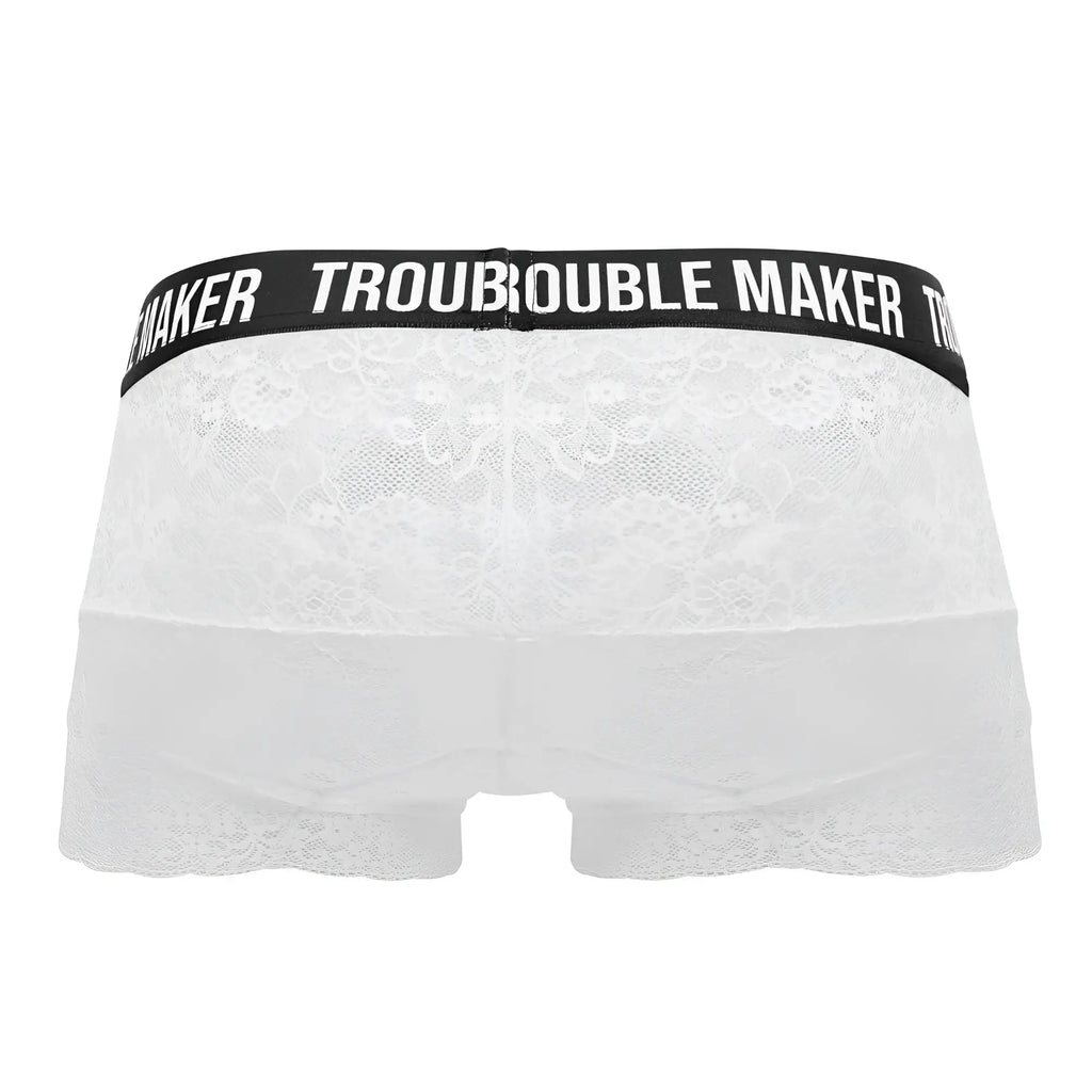 White lace CandyMan 99616X trouble maker trunks with black waistband featuring troublemaker brand name