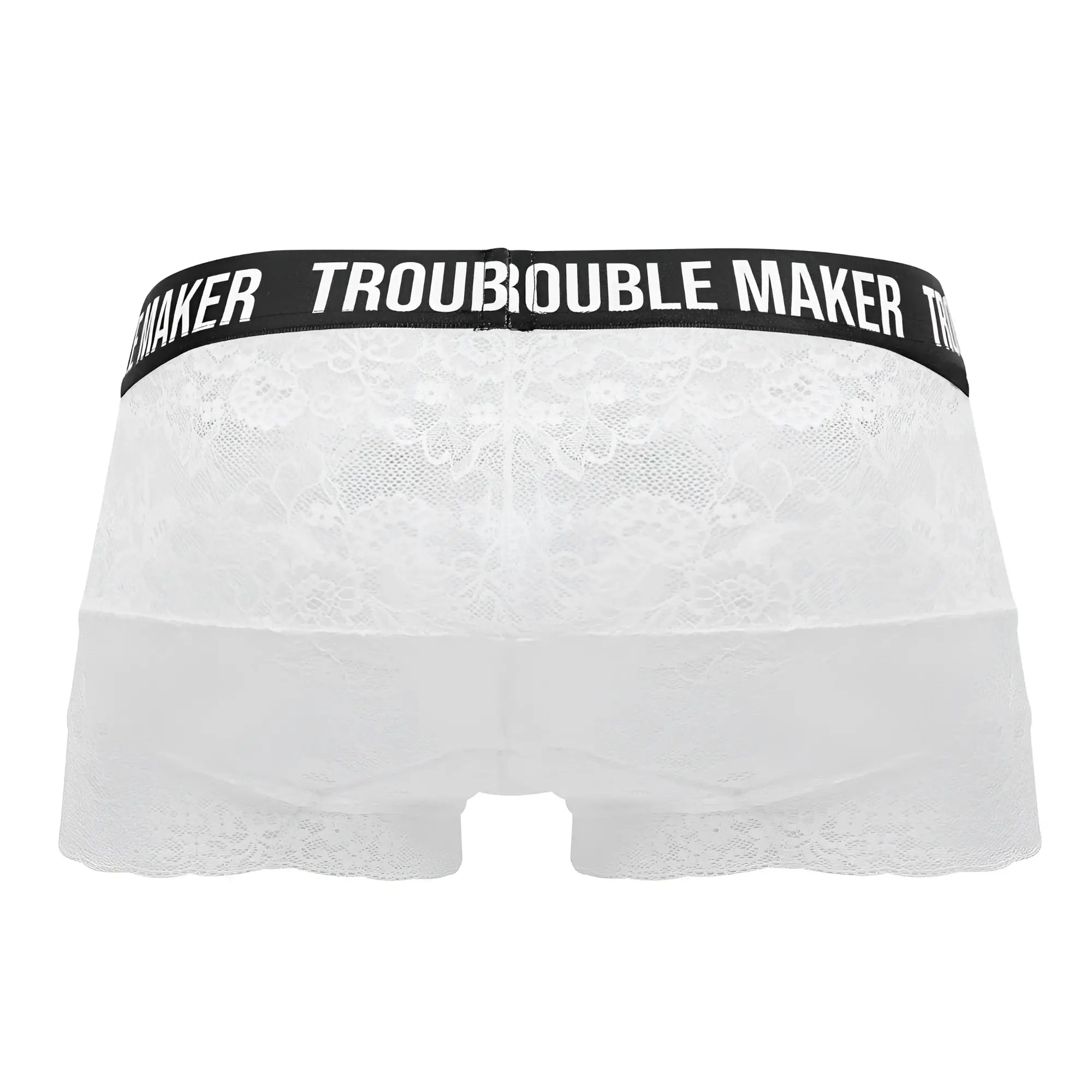 White lace CandyMan 99616X trouble maker trunks with black waistband featuring troublemaker brand name