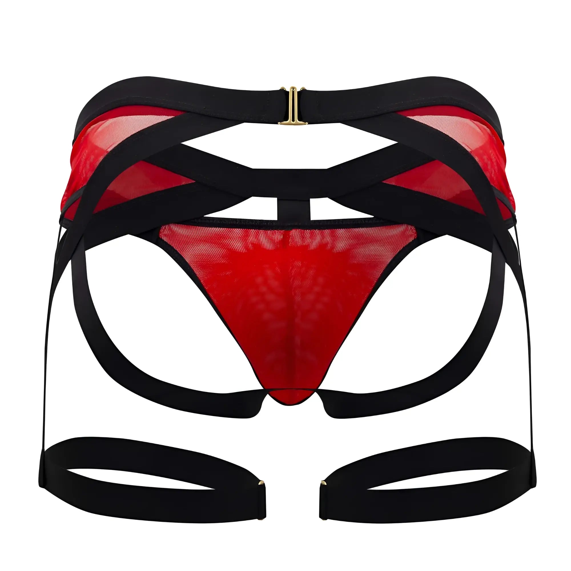 CandyMan 99623 garter jockstrap in red mesh harness style with black accents and gold-tone metal clasps