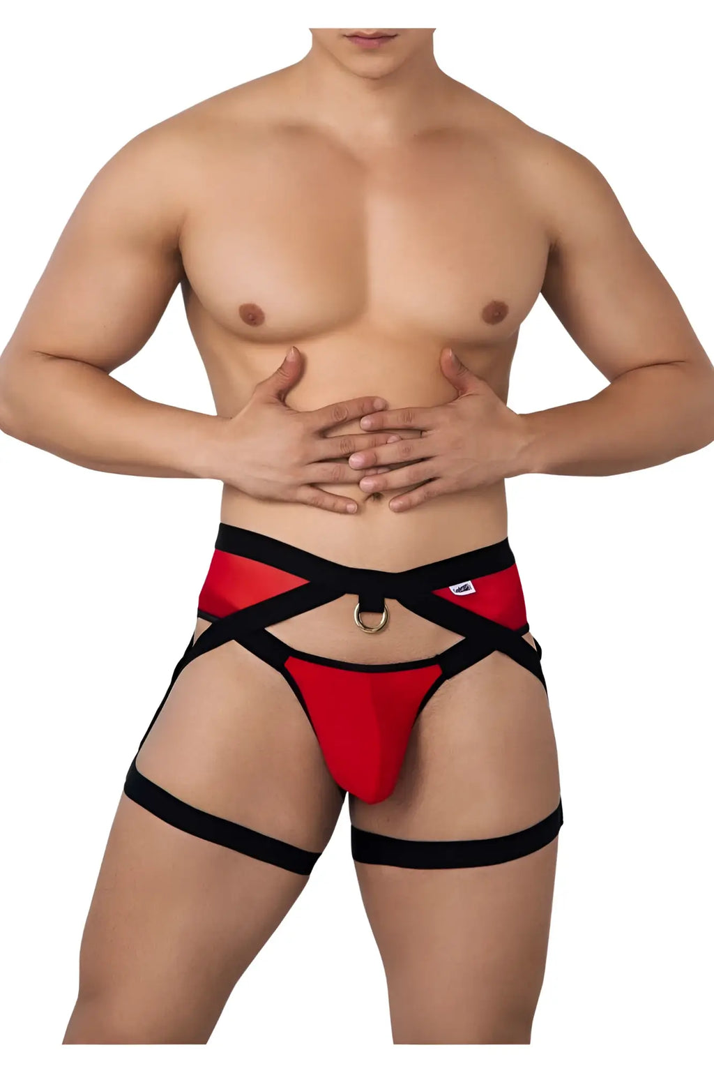 Red and black strappy men’s briefs with central gold-toned ring candyMan 99623 garter jockstrap color red
