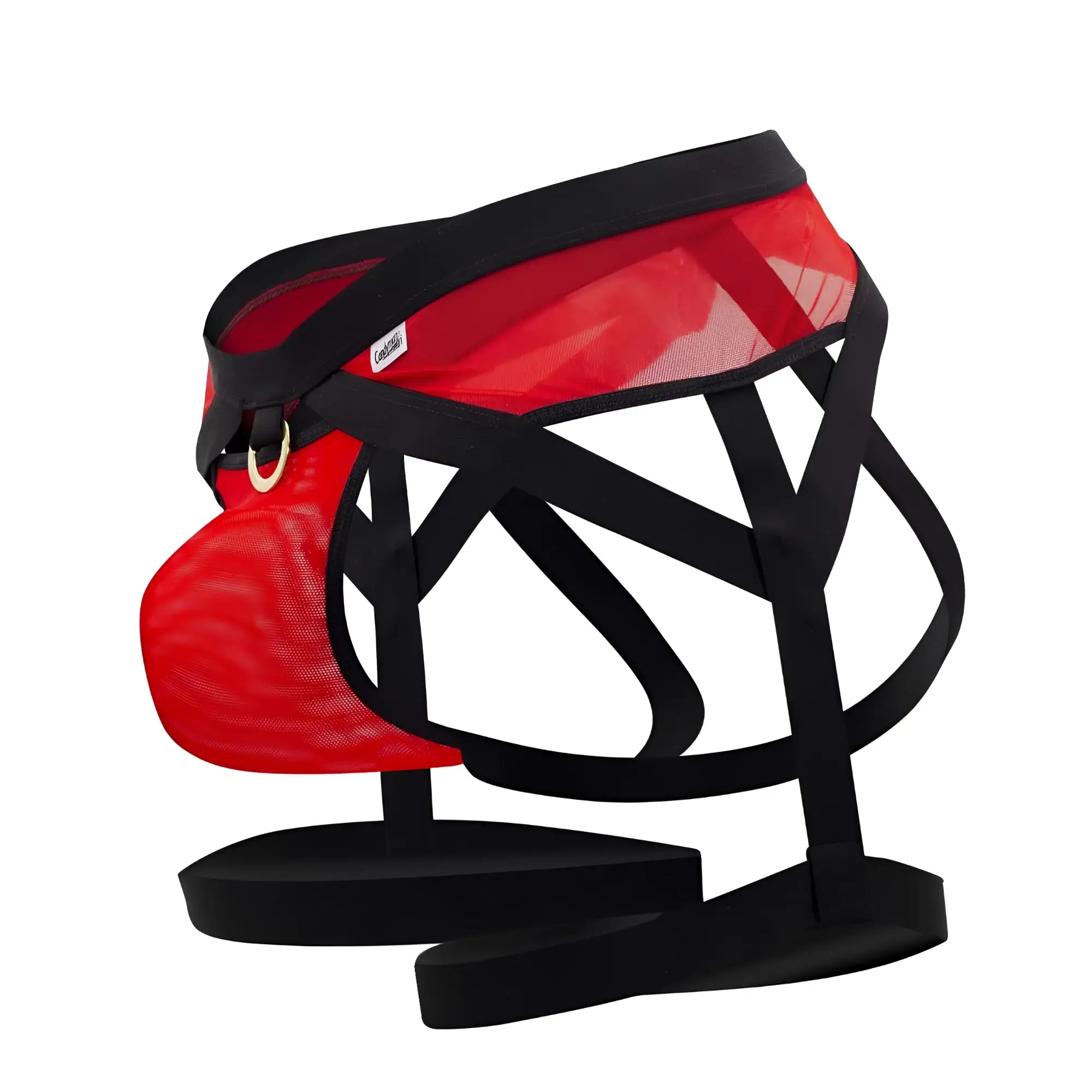 Red mesh CandyMan 99623 garter jockstrap with black straps and gold-tone buckle front view