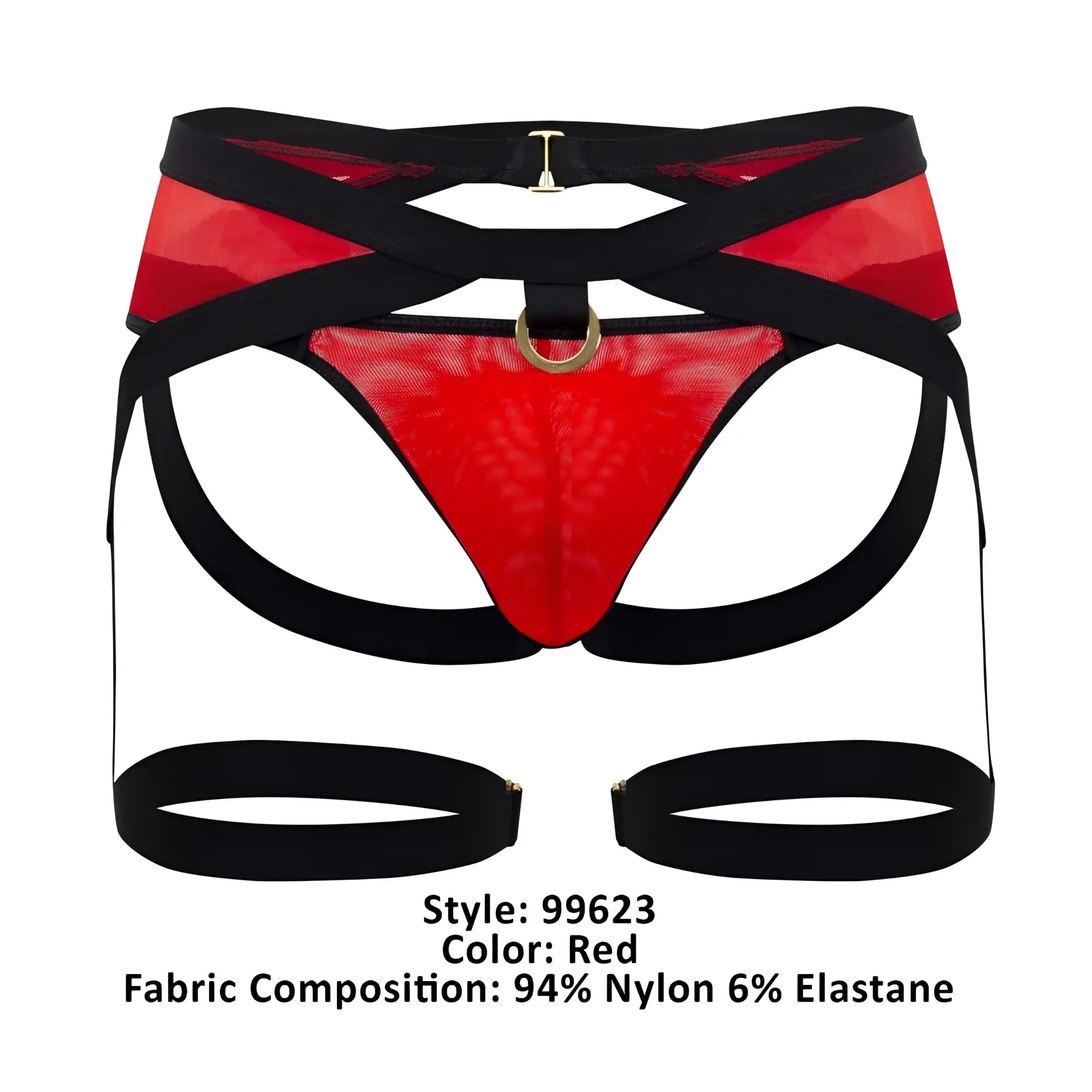 Red mesh harness style garter jockstrap with black straps and gold tone hardware by candyman in red