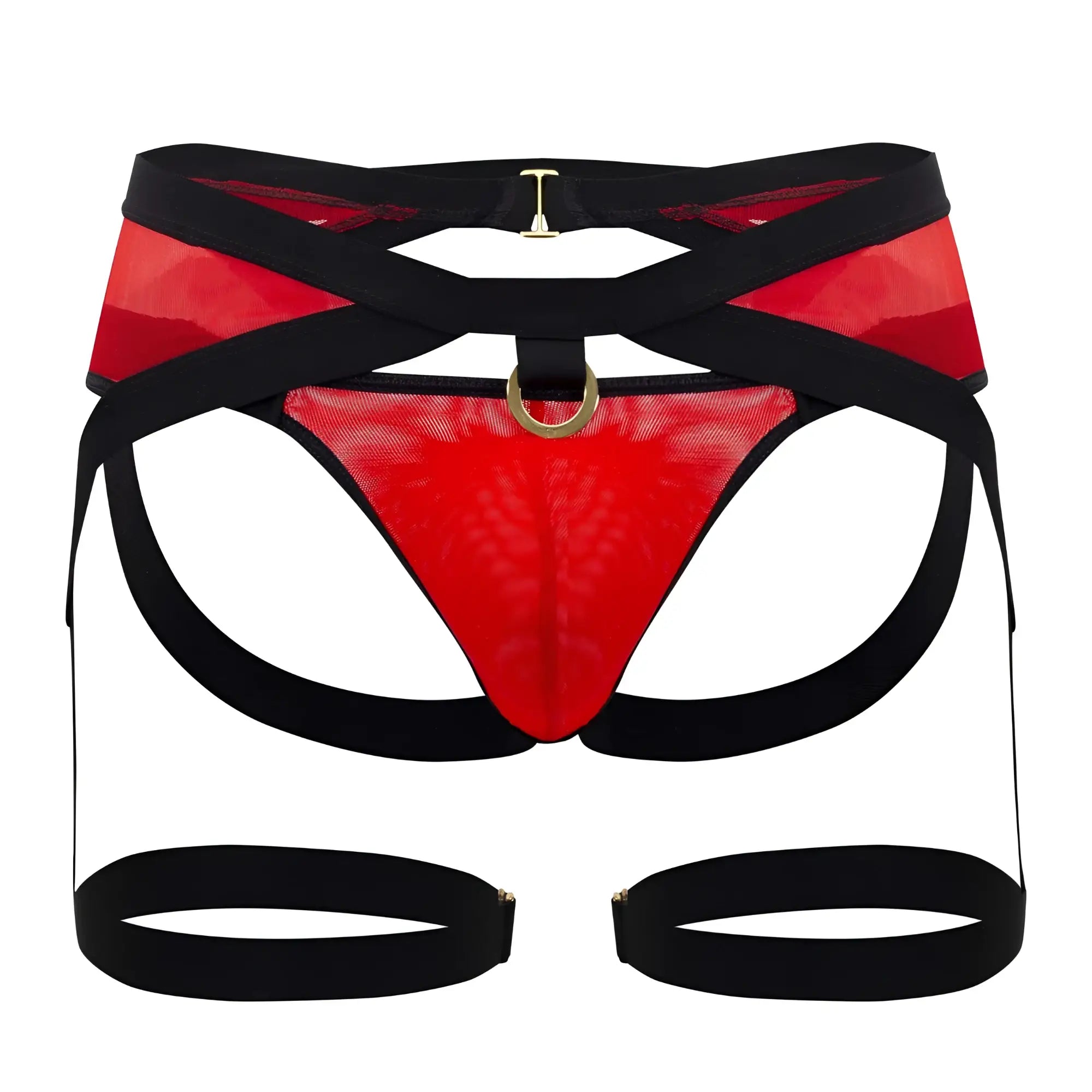 Red mesh thong garter jockstrap with black straps and gold-tone hardware by candyman in red color