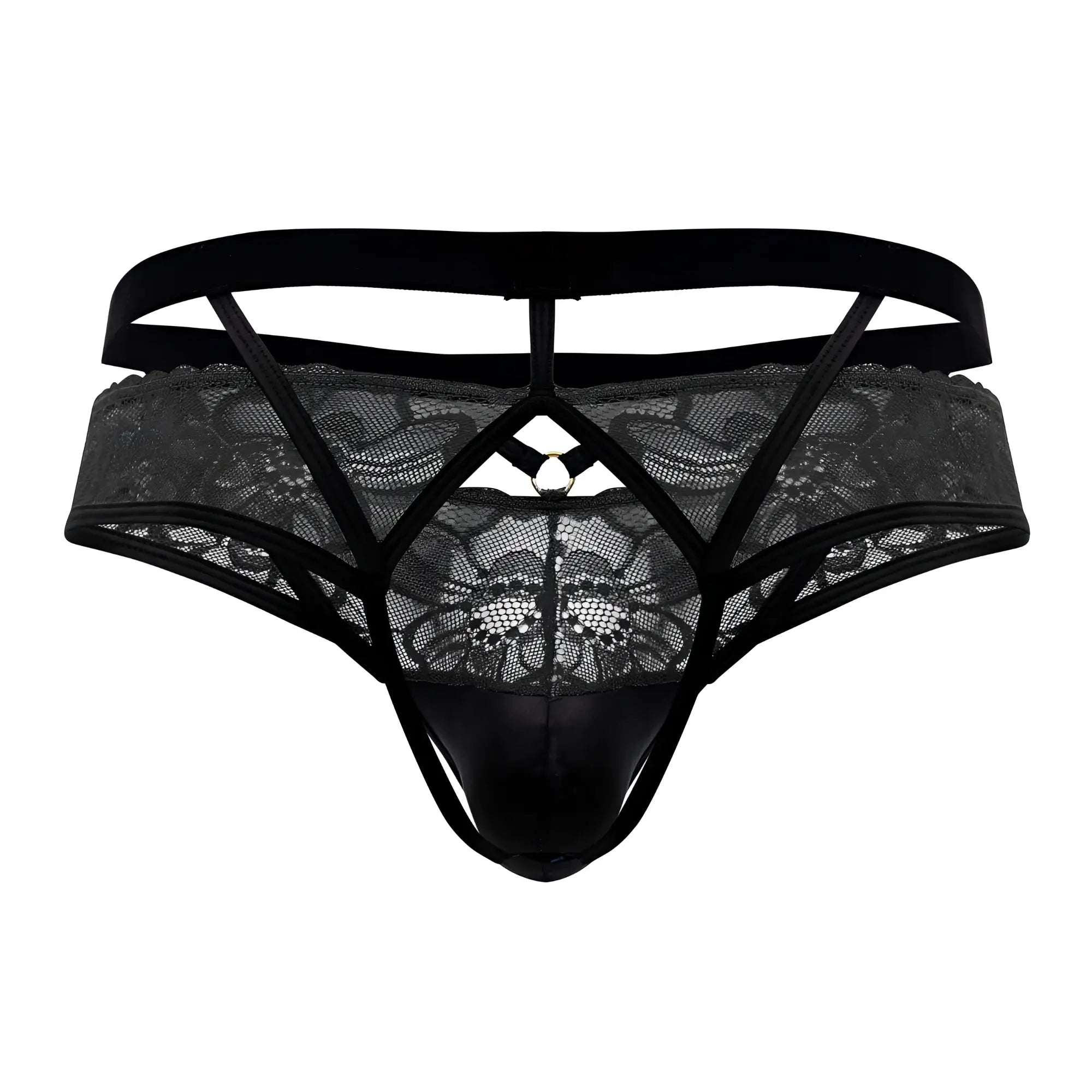 Black lace thong candy man 99627 with glossy black front panel and adjustable straps in black color