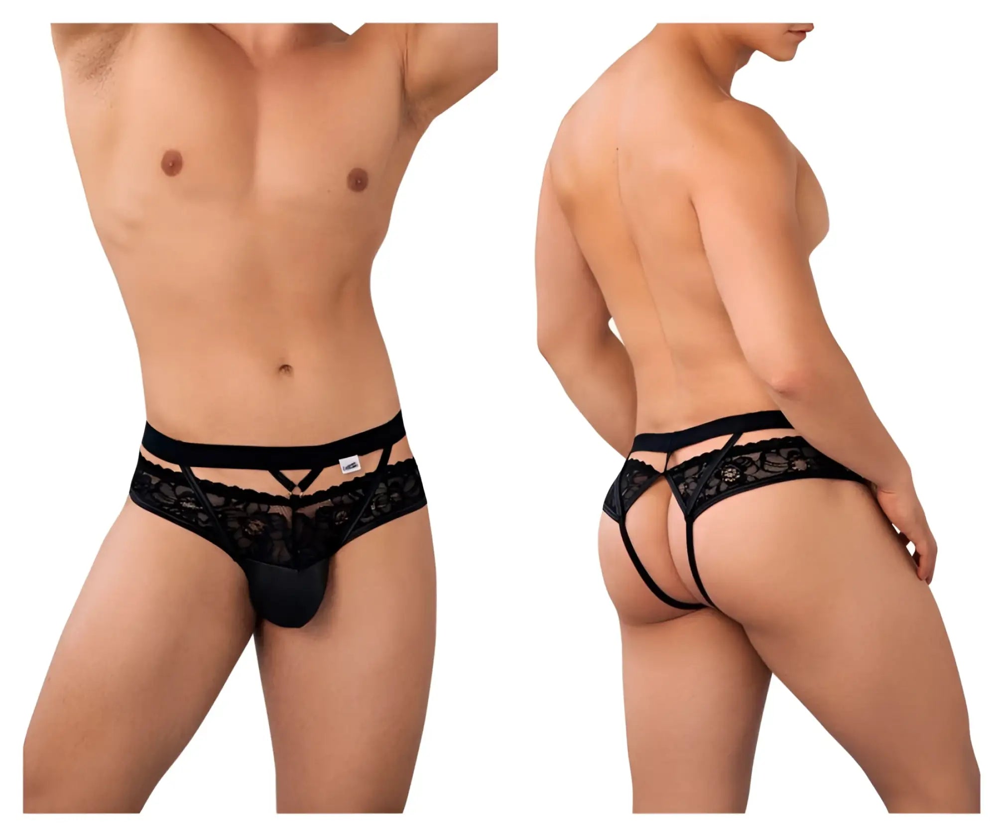 Black lace thong jockstrap with mesh and crisscross design by candyman in black shown from the back side